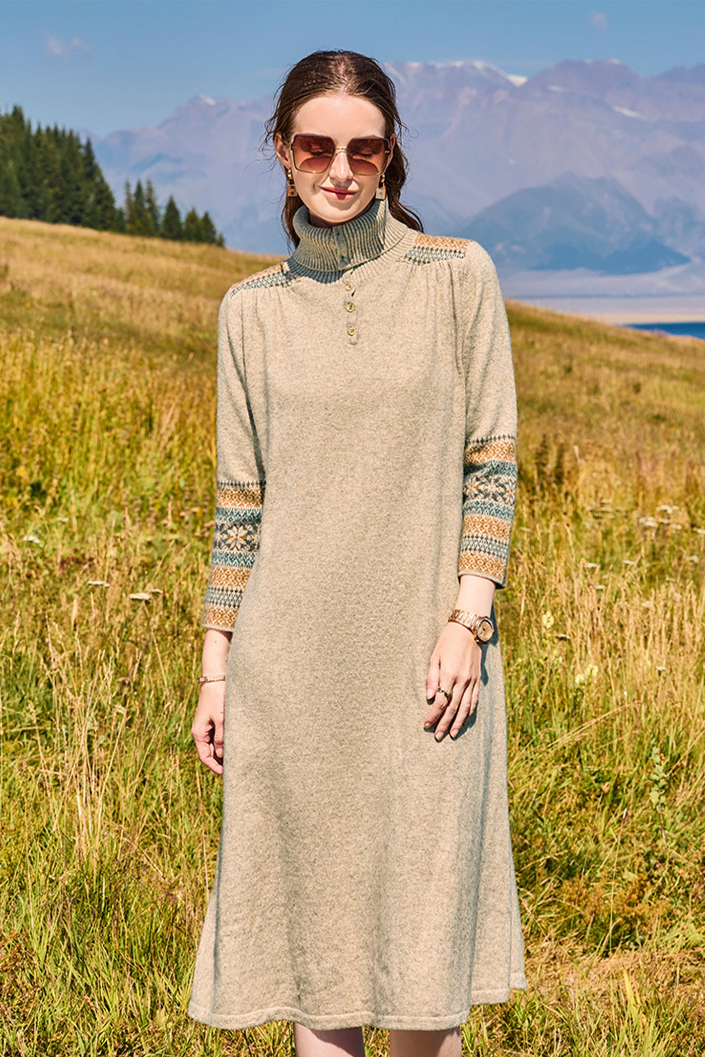 KAMILAN wool knitted dress for women, autumn and winter 2025 new mid to long style, high neck sweater base skirt, A-line skirt