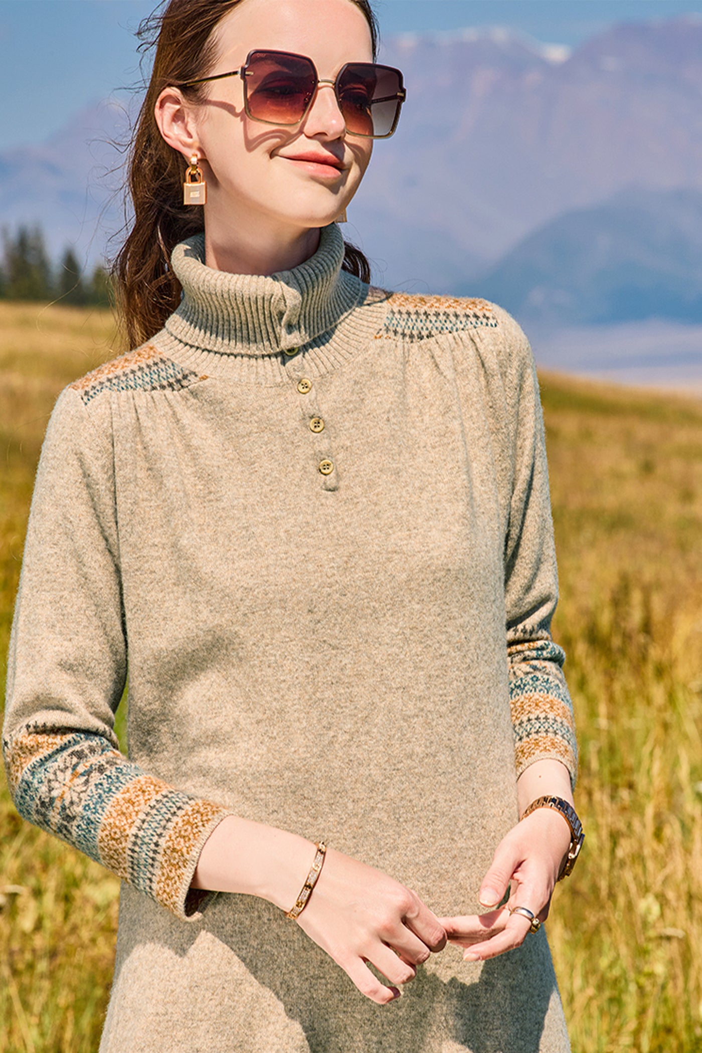 KAMILAN wool knitted dress for women, autumn and winter 2025 new mid to long style, high neck sweater base skirt, A-line skirt