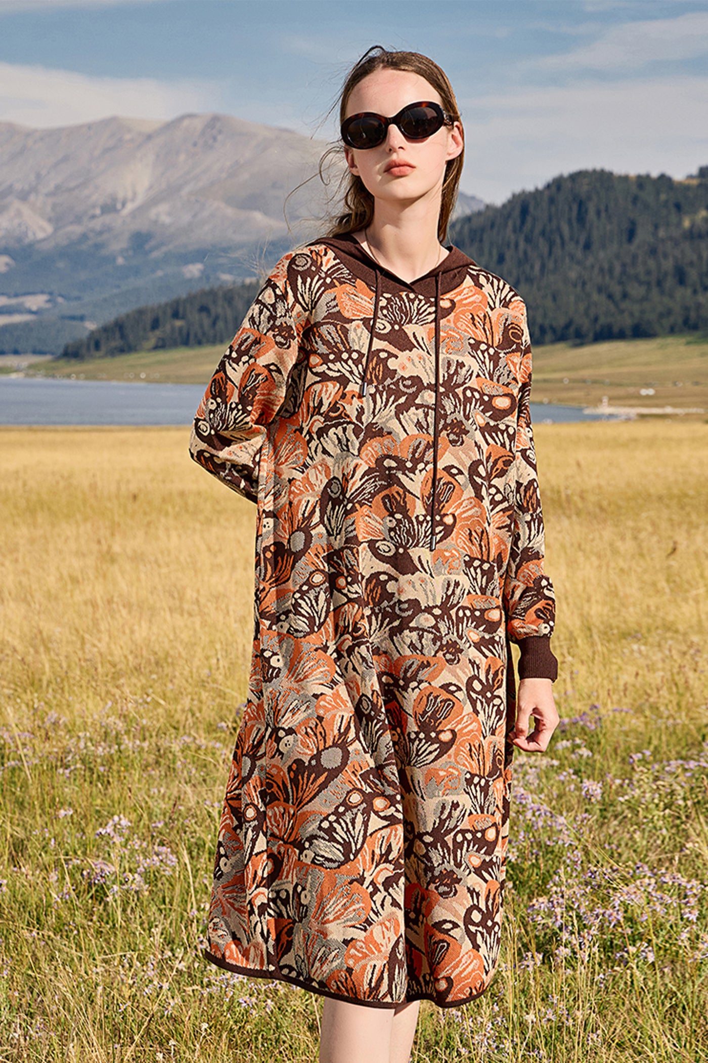 KAMILAN Women's Printed Knit Hoodie Dress – 2025 Autumn New Long-Sleeve Casual Midi Sweater Dress