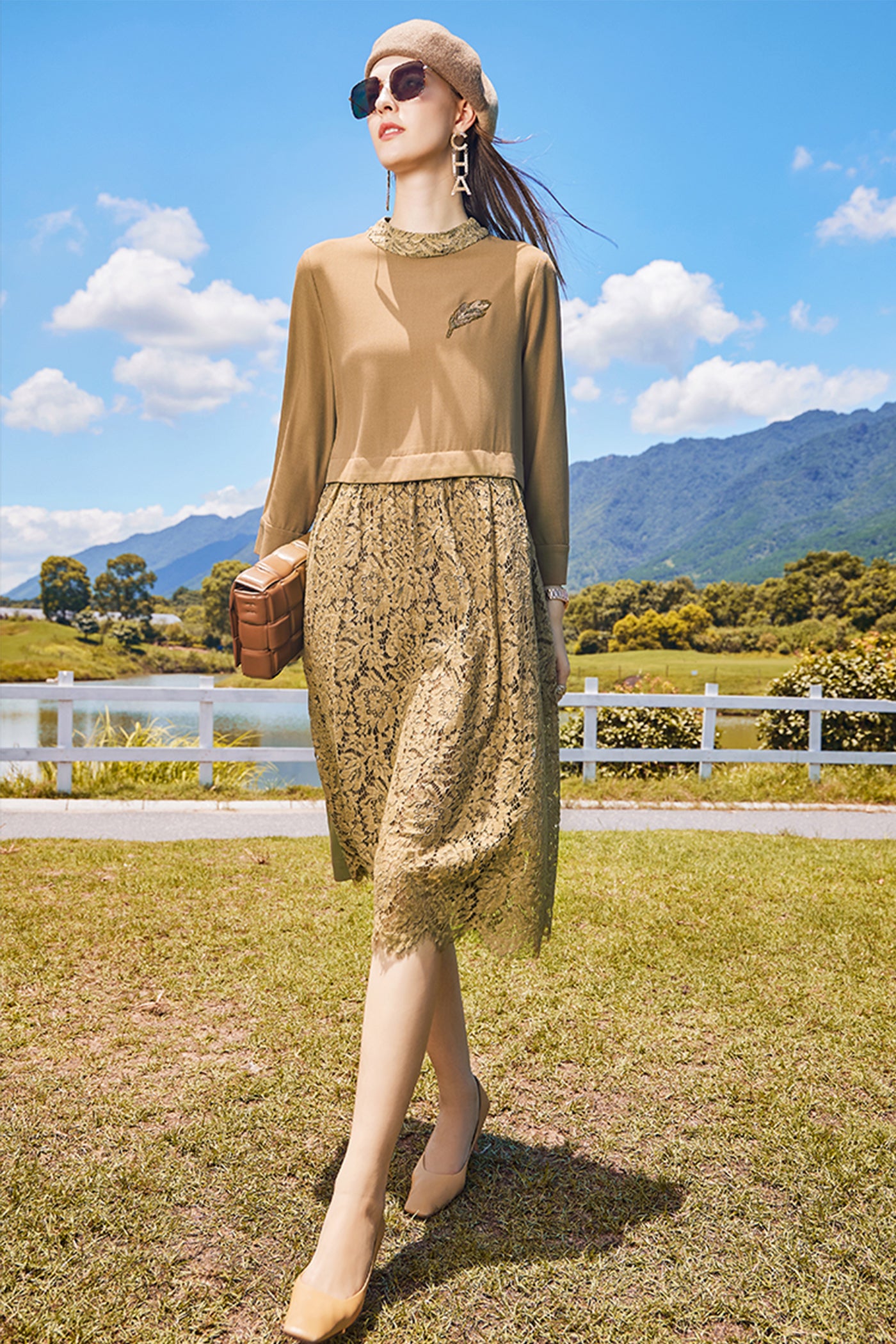 KAMILAN Women's Lace Patchwork Dress | 2025 Fall Loose 3/4 Sleeve Pullover A-Line Midi Dress