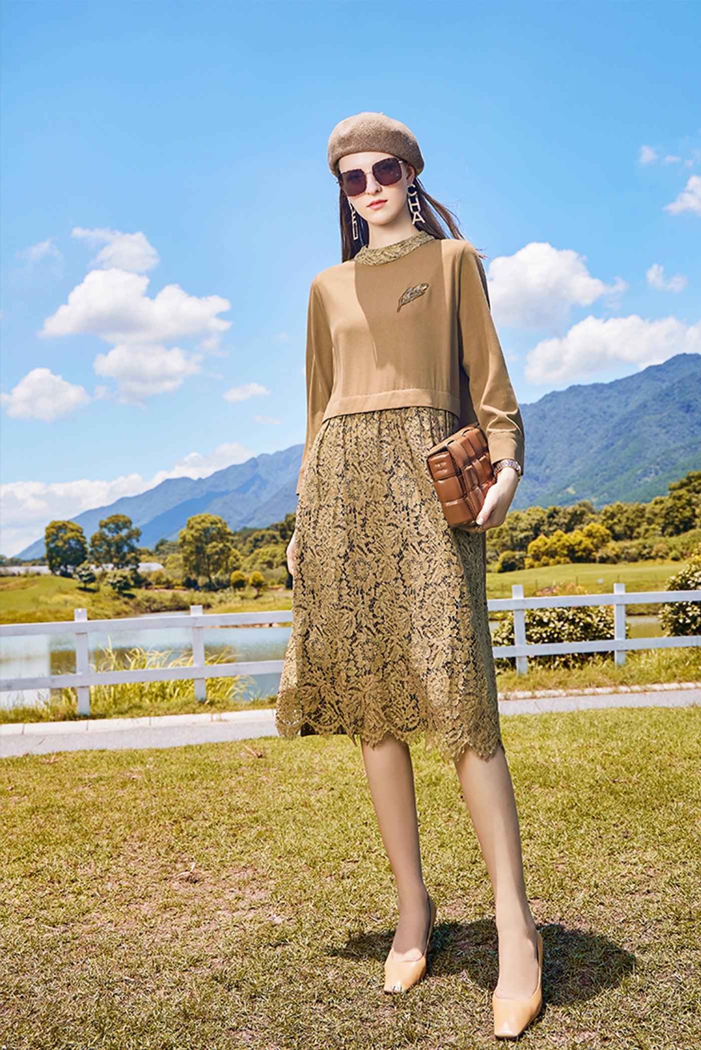 KAMILAN Women's Lace Patchwork Dress | 2025 Fall Loose 3/4 Sleeve Pullover A-Line Midi Dress