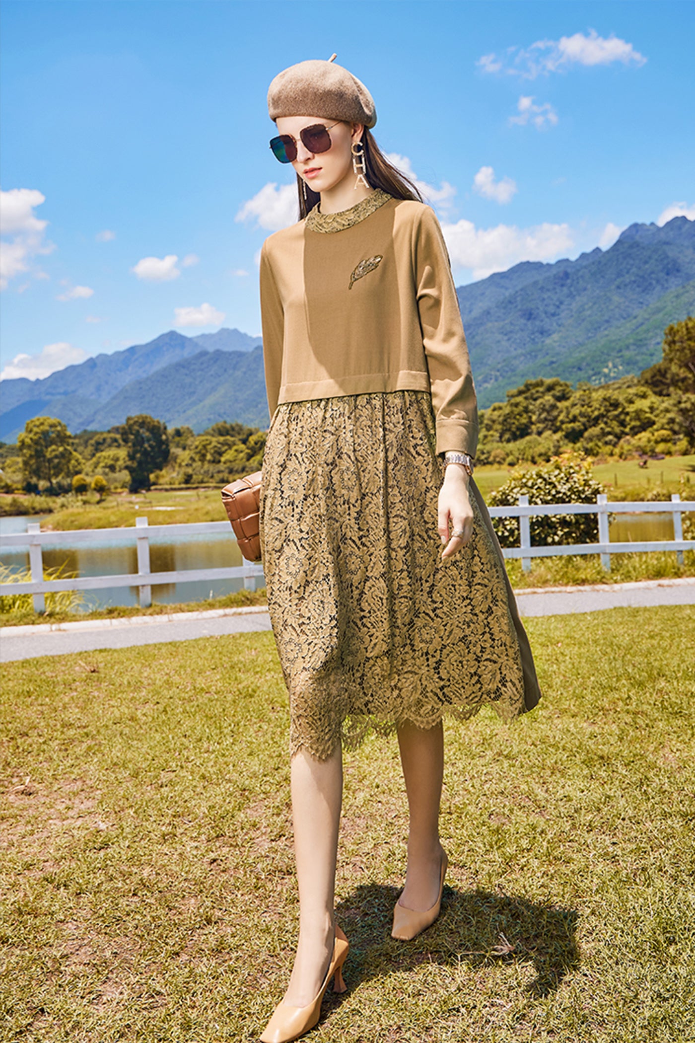 KAMILAN Women's Lace Patchwork Dress | 2025 Fall Loose 3/4 Sleeve Pullover A-Line Midi Dress