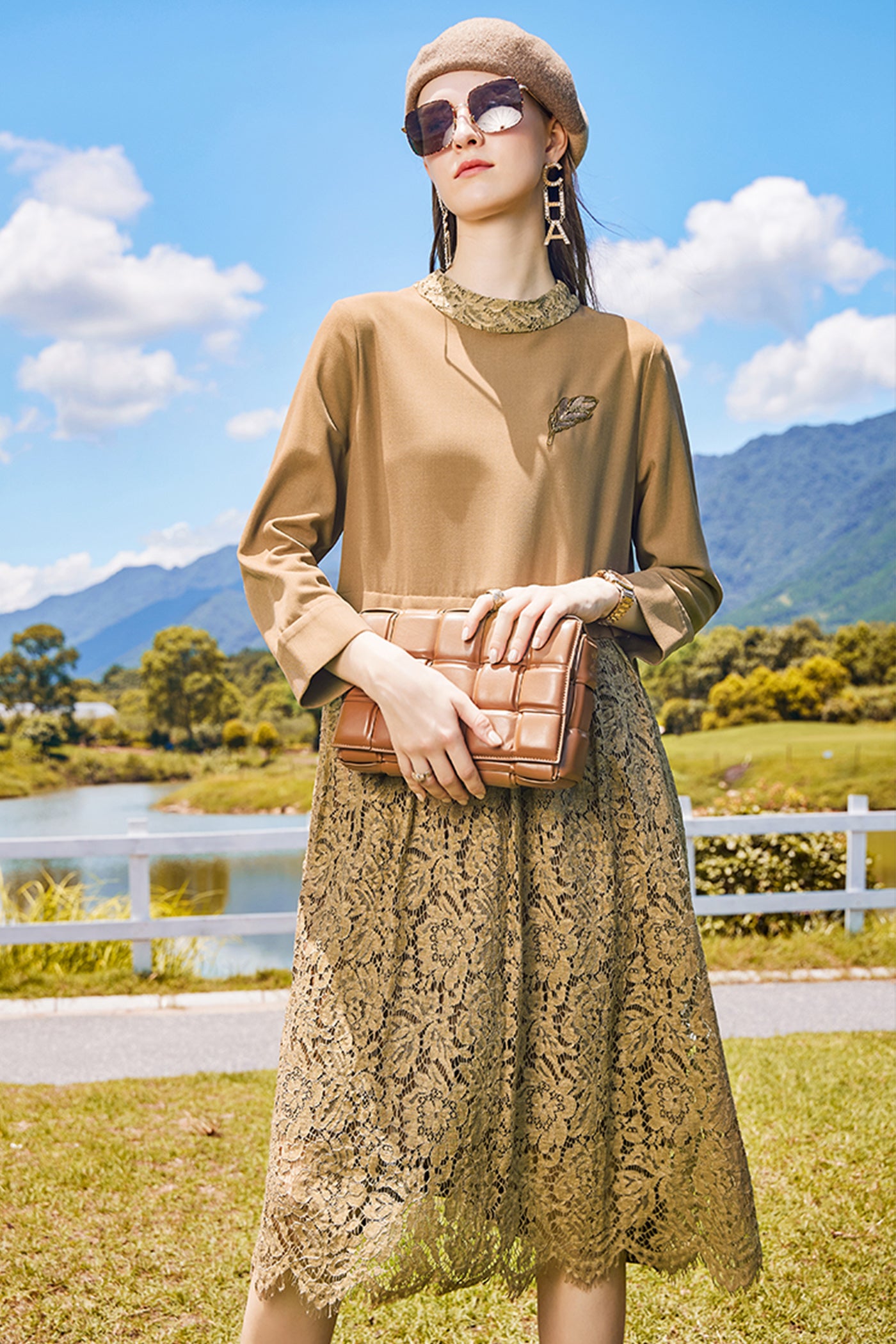 KAMILAN Women's Lace Patchwork Dress | 2025 Fall Loose 3/4 Sleeve Pullover A-Line Midi Dress
