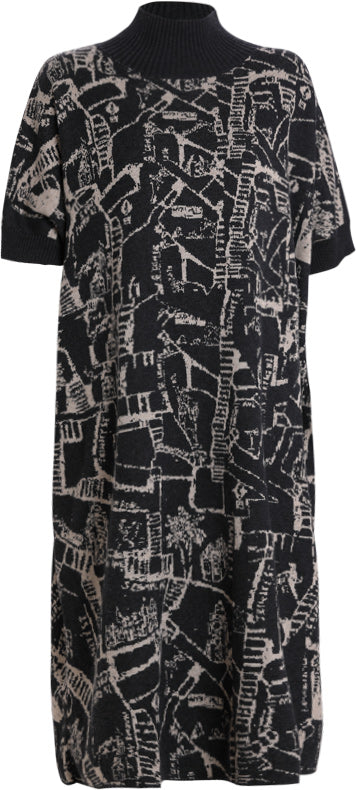 KAMILAN Women's Knit Midi Dress – 2025 Autumn/Winter New Loose-Fit Printed Short-Sleeve Sweater Dress