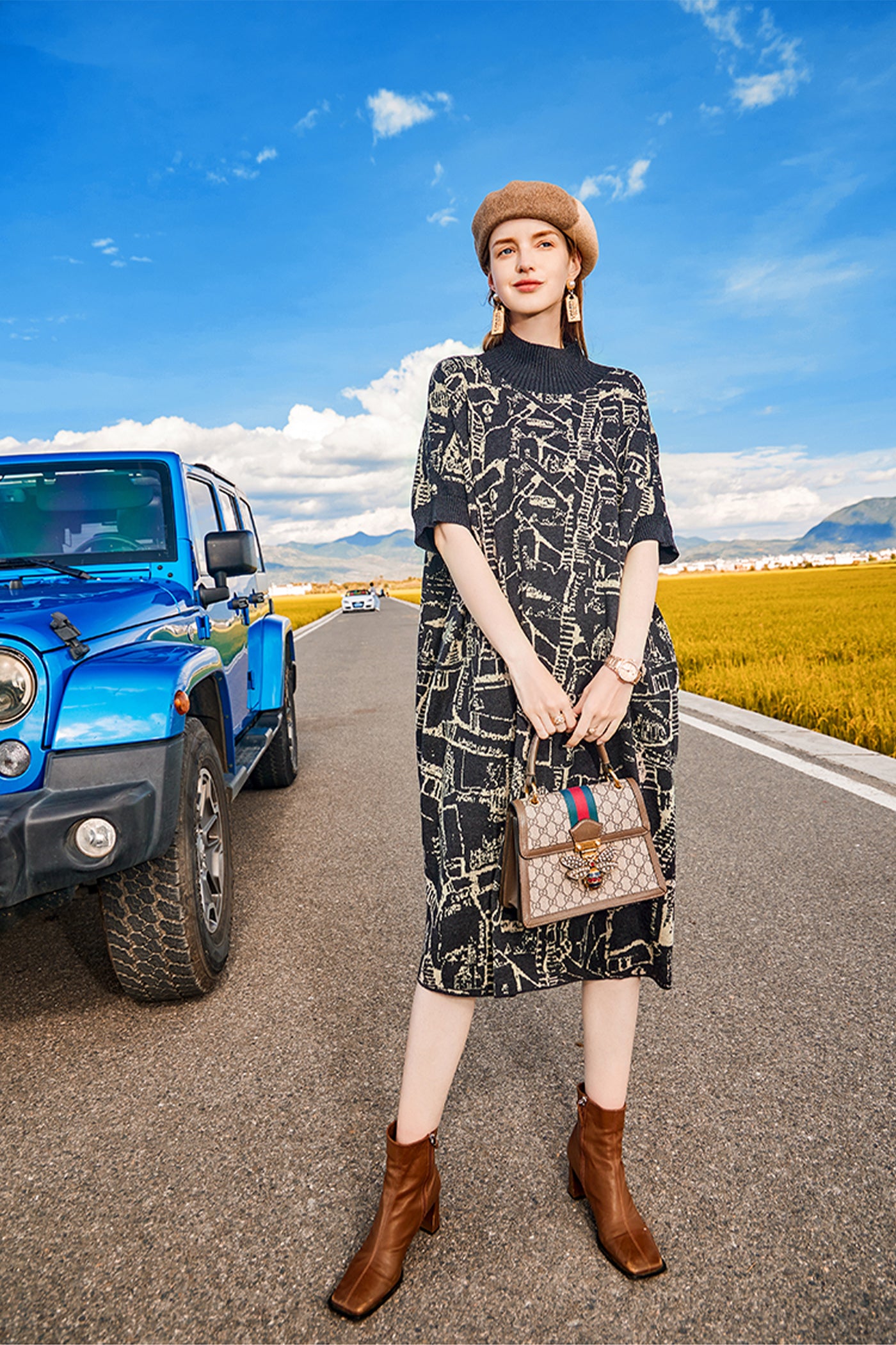 KAMILAN Women's Knit Midi Dress – 2025 Autumn/Winter New Loose-Fit Printed Short-Sleeve Sweater Dress