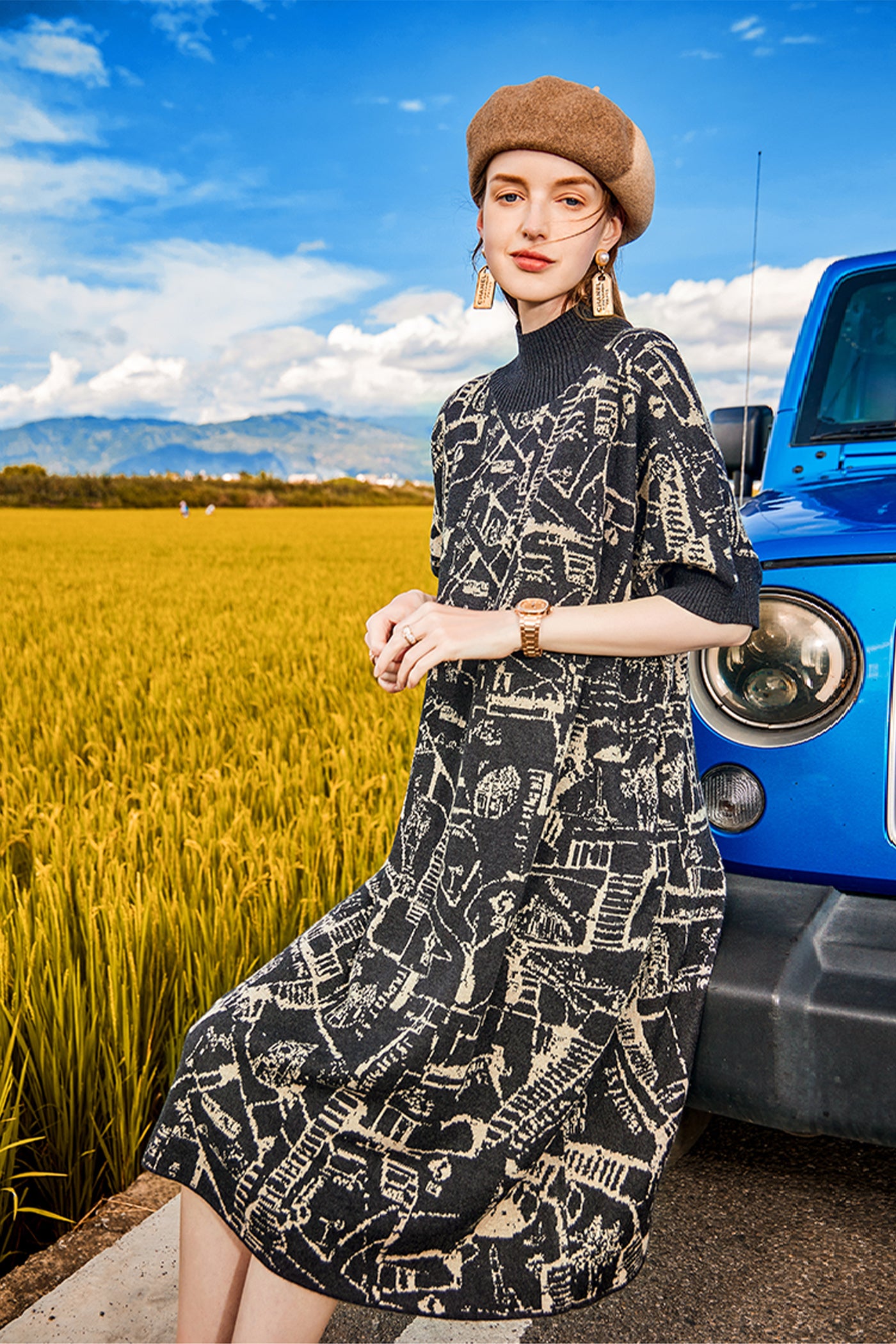 KAMILAN Women's Knit Midi Dress – 2025 Autumn/Winter New Loose-Fit Printed Short-Sleeve Sweater Dress