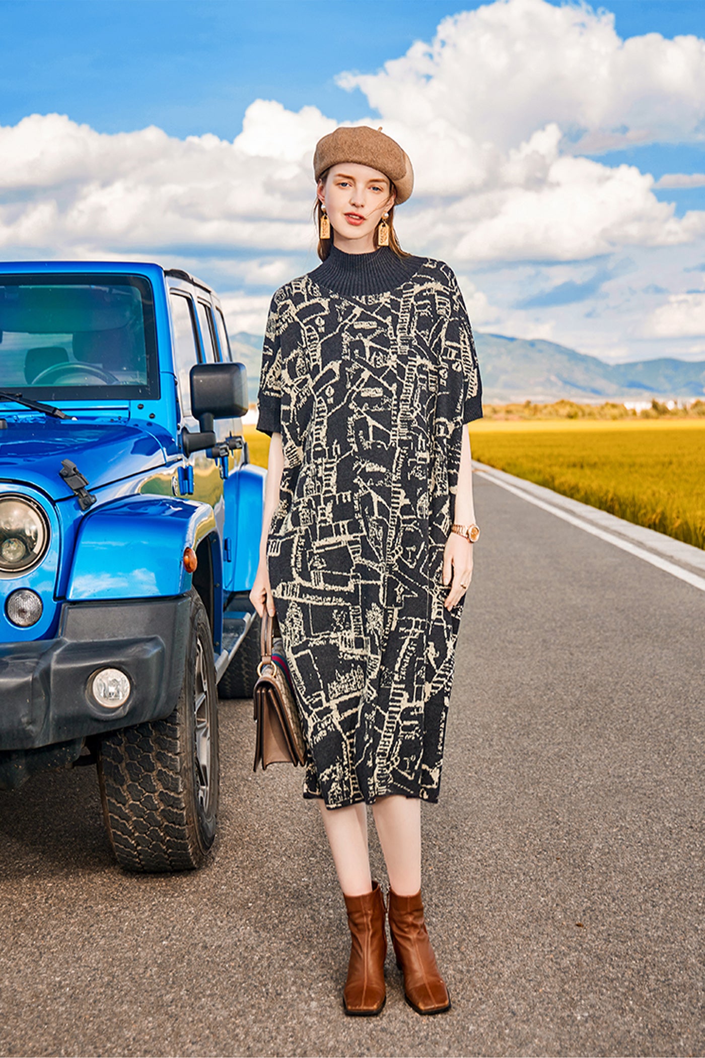 KAMILAN Women's Knit Midi Dress – 2025 Autumn/Winter New Loose-Fit Printed Short-Sleeve Sweater Dress