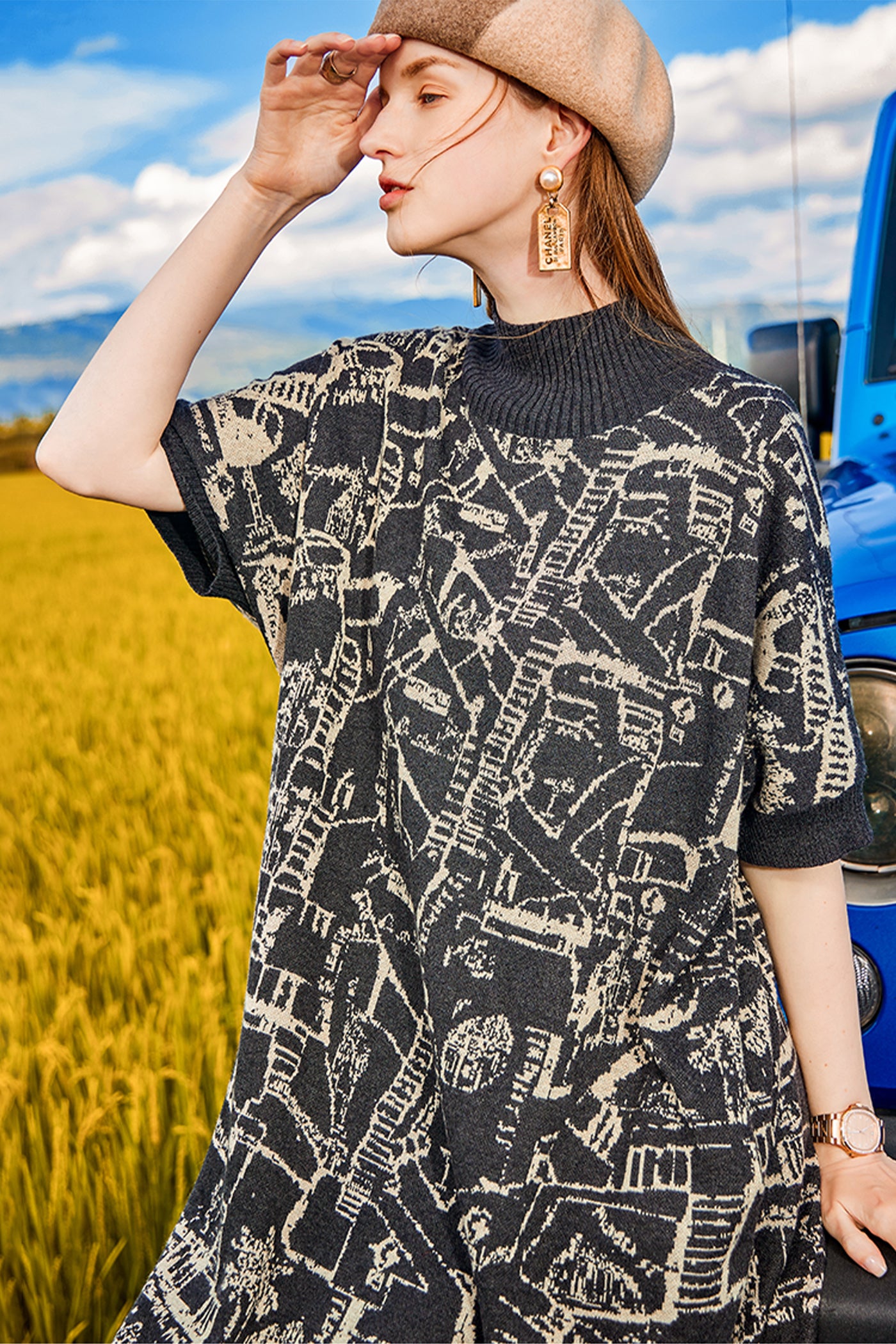KAMILAN Women's Knit Midi Dress – 2025 Autumn/Winter New Loose-Fit Printed Short-Sleeve Sweater Dress