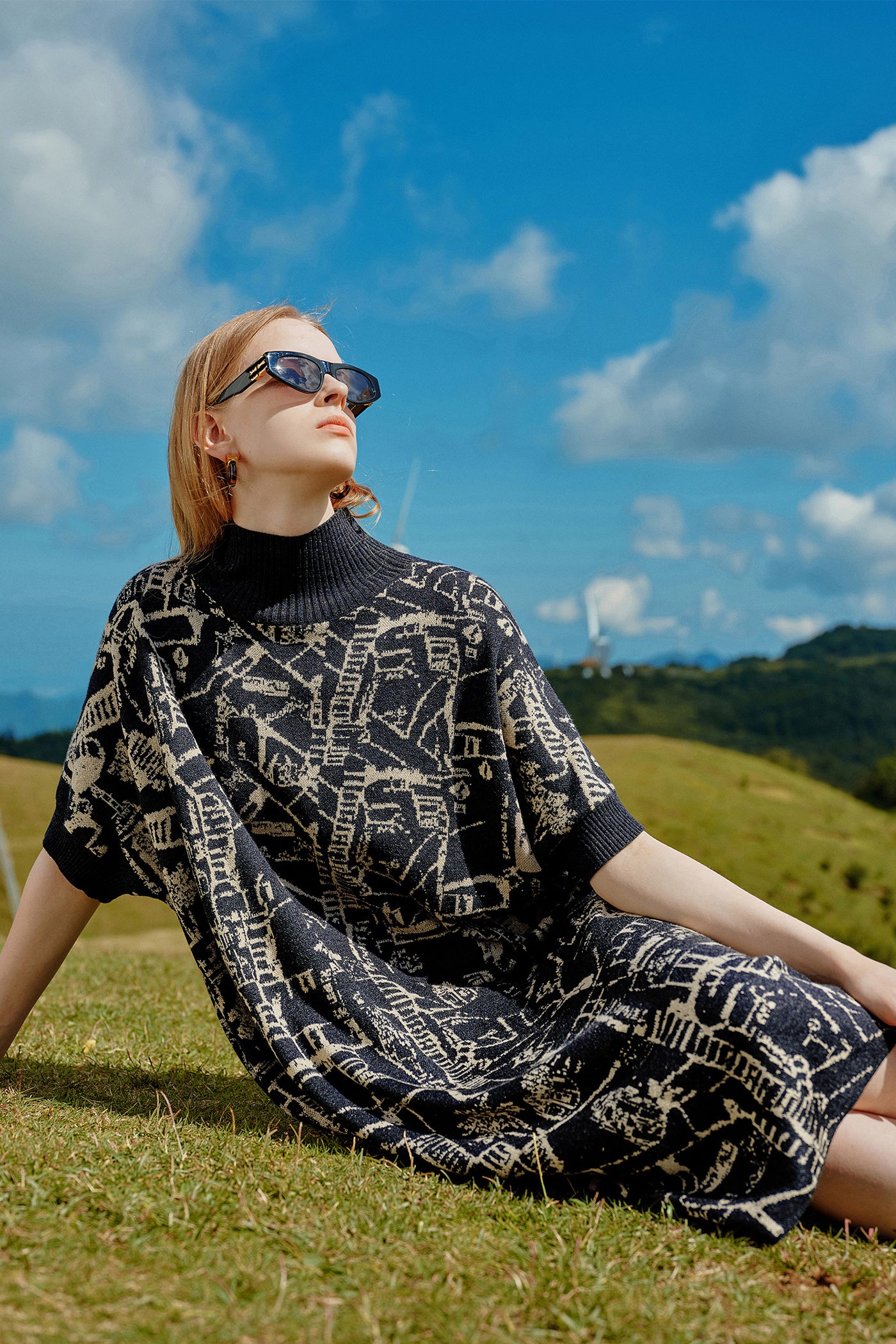 KAMILAN Women's Knit Midi Dress – 2025 Autumn/Winter New Loose-Fit Printed Short-Sleeve Sweater Dress