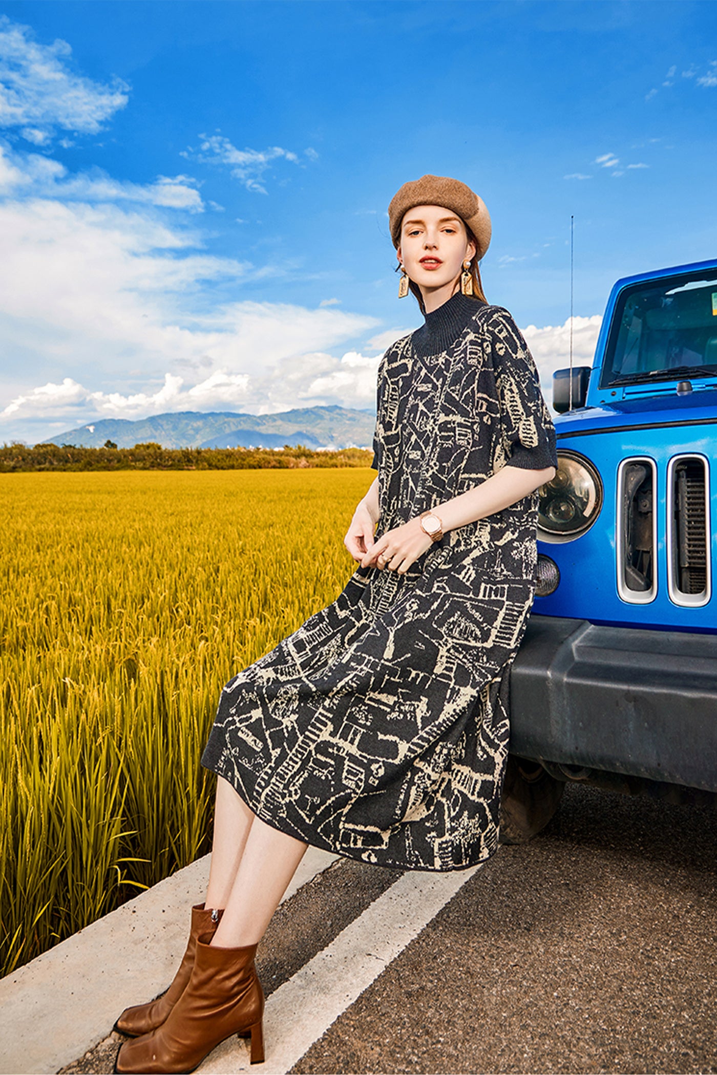 KAMILAN Women's Knit Midi Dress – 2025 Autumn/Winter New Loose-Fit Printed Short-Sleeve Sweater Dress
