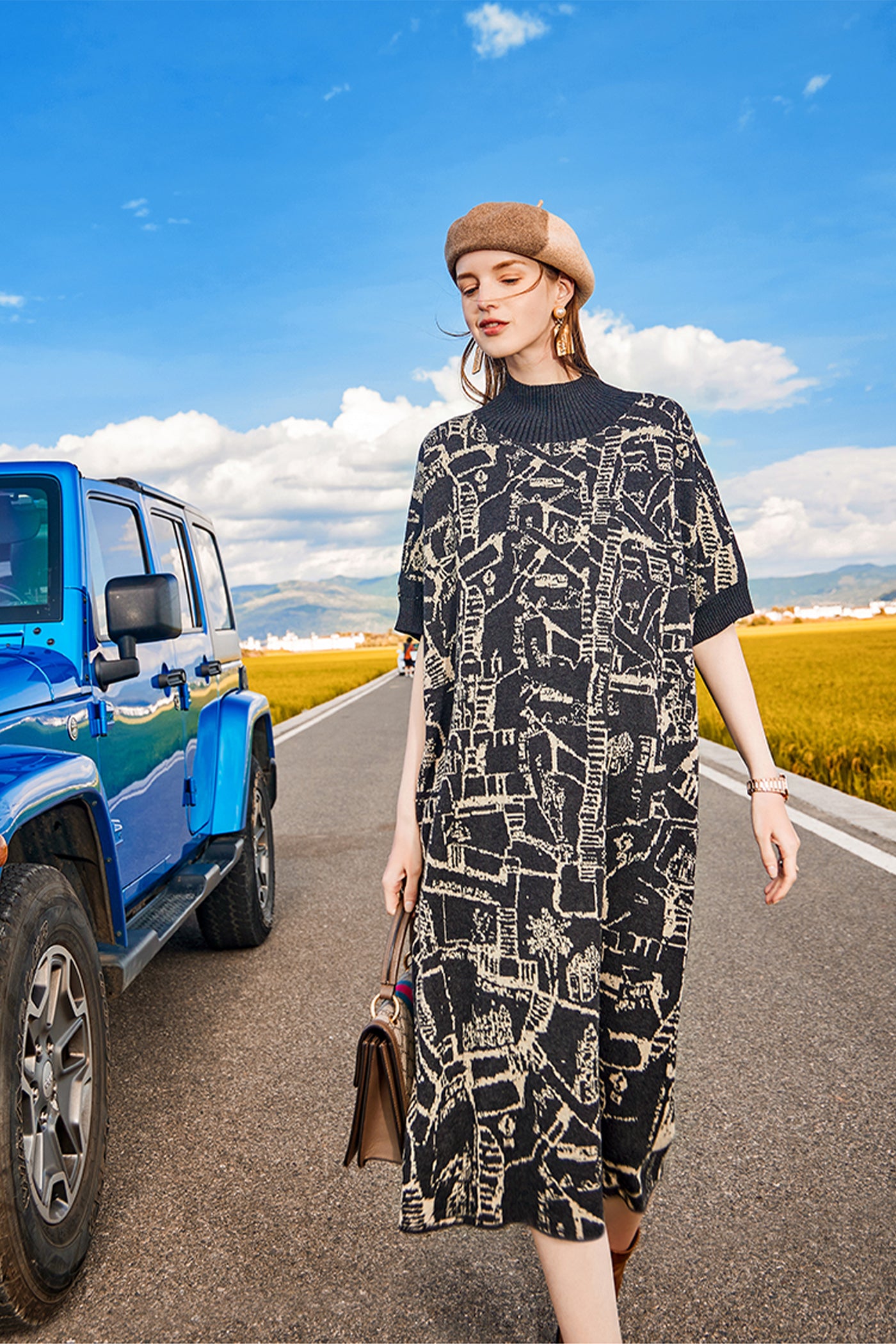 KAMILAN Women's Knit Midi Dress – 2025 Autumn/Winter New Loose-Fit Printed Short-Sleeve Sweater Dress