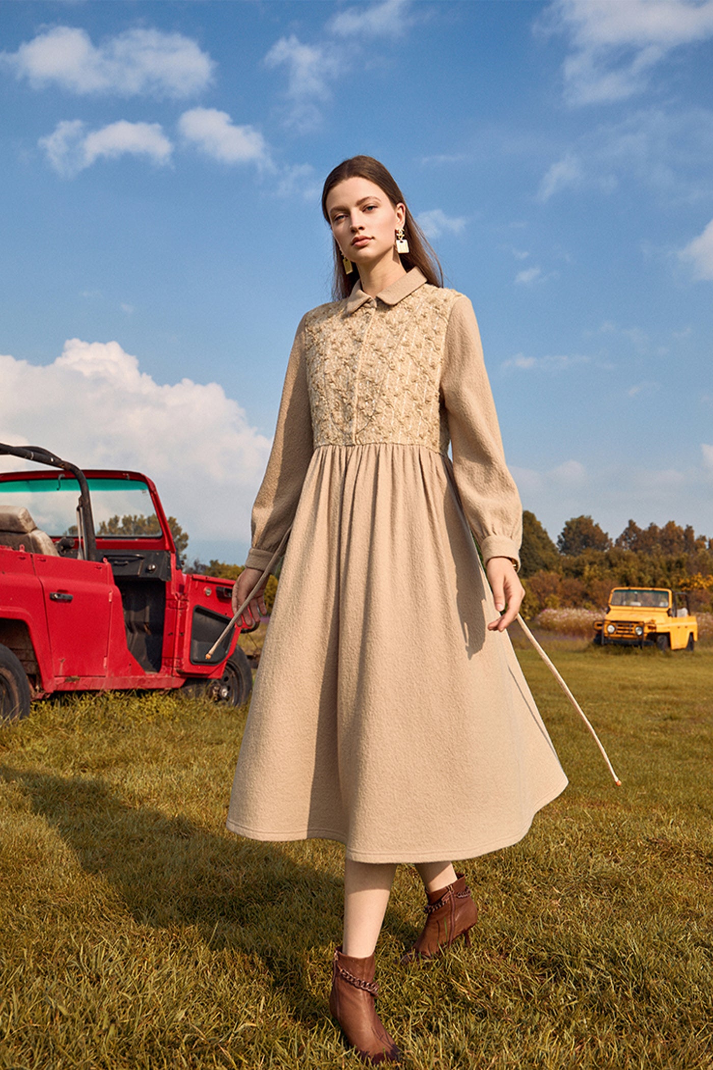 KAMILAN Elegant Embroidered Wool Dress for Women – 2025 Fall/Winter New Collection, Mid-Length A-Line Belted Dress