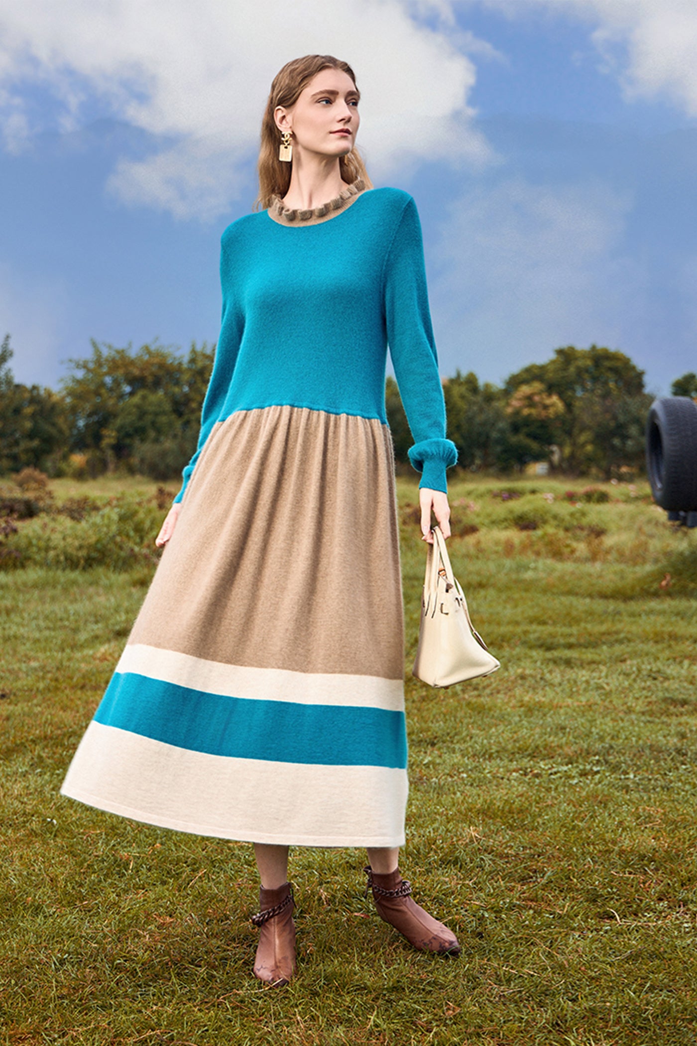 KAMILAN French Chic Knit-Panel Midi Dress – 2025 Autumn New Long-Sleeve Slim-Fit Sweater Dress