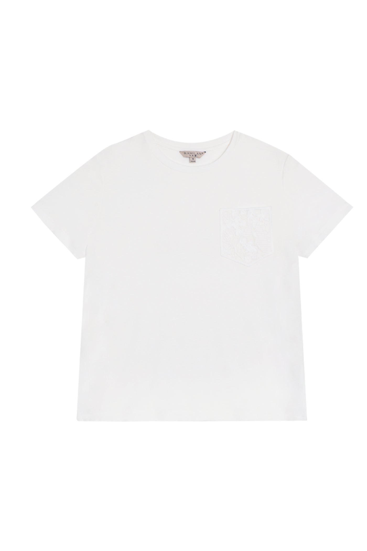 KAMILAN Ivory White Tee with Embroidered Pocket Detail