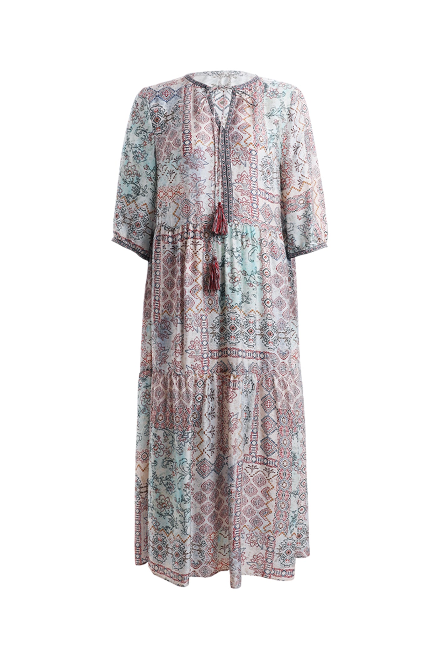 KAMILAN Silk Printed Midi Dress with Drawstring Detail