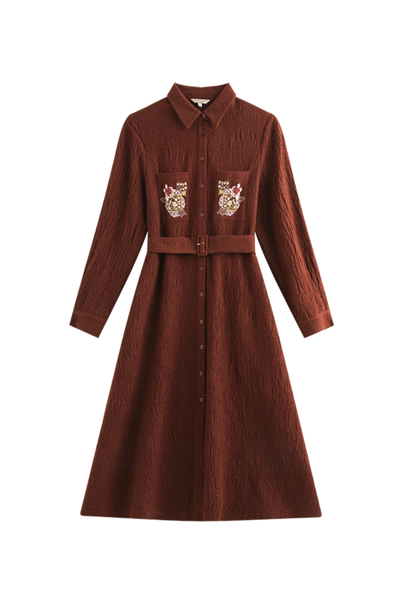 KAMILAN Women's Wool Midi Dress – 2025 Autumn New High-Waist Embroidered Shirt Dress