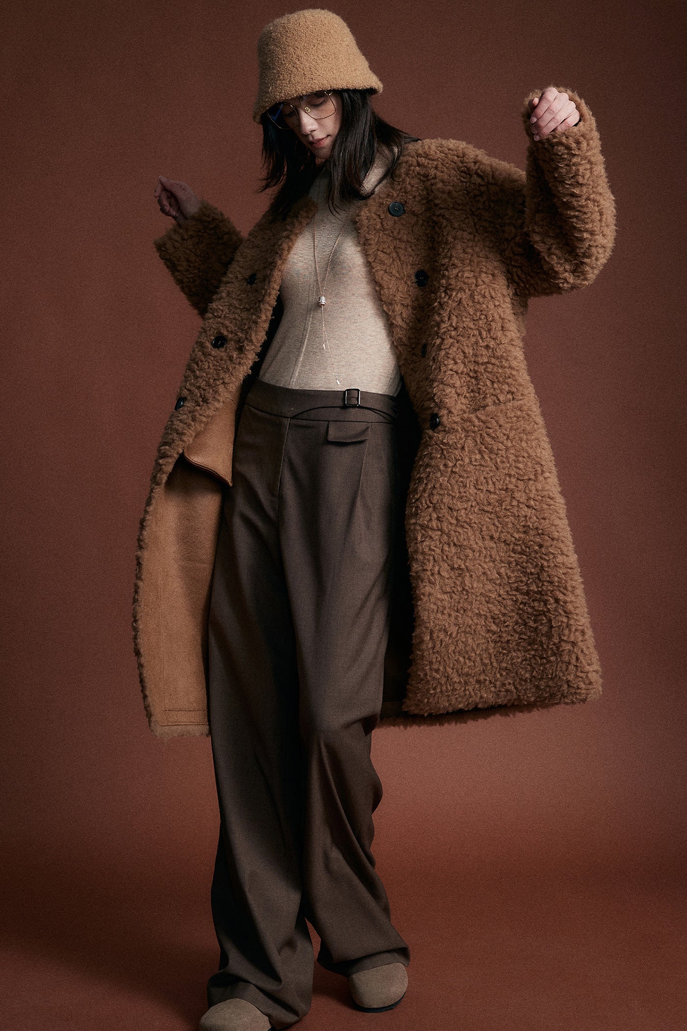 KAMILAN Women's Shearling Wool Coat – 2025 Winter New Mid-Length Warm Maillard Style Jacket