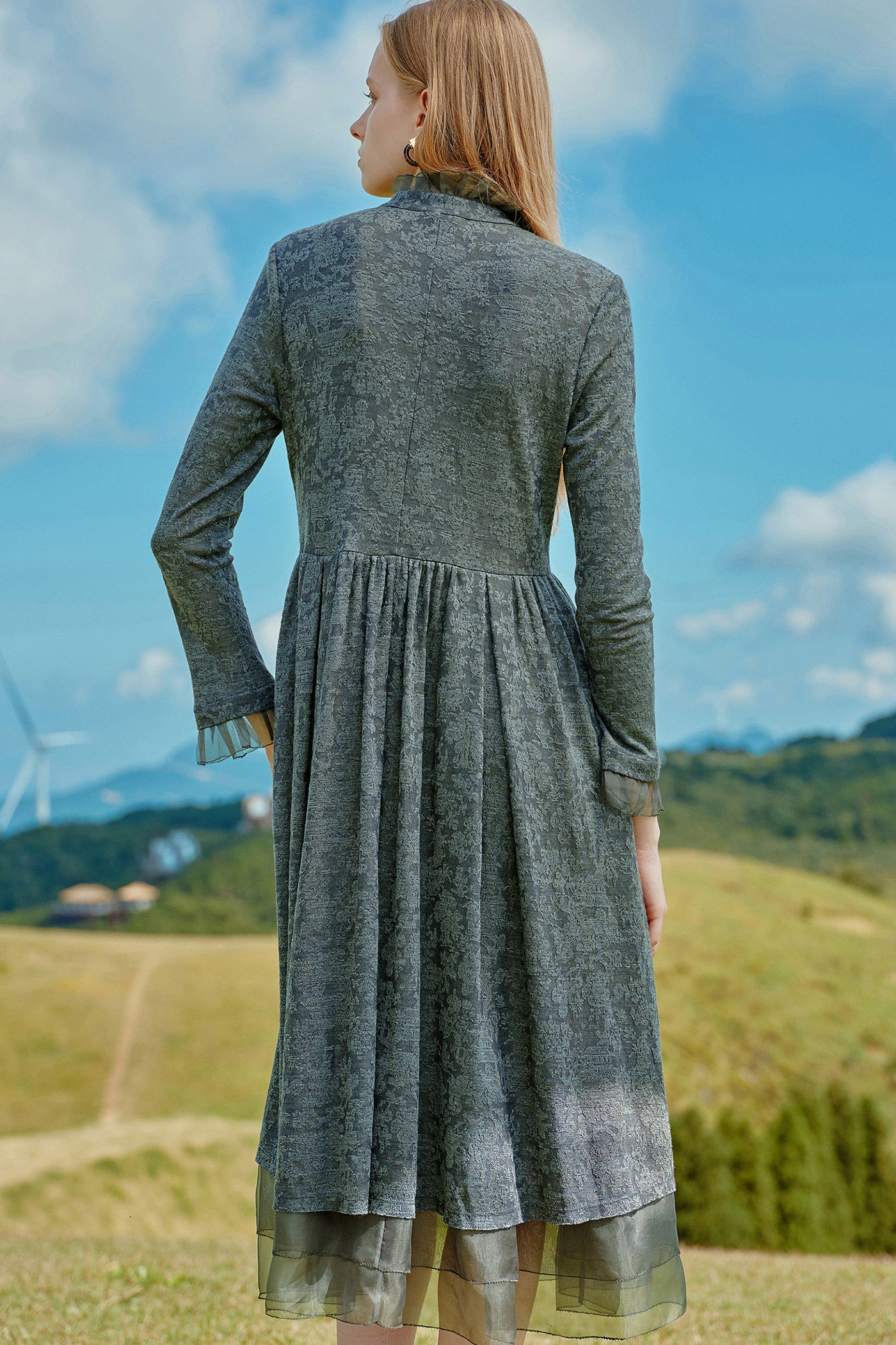 KAMILAN Women's Wool Midi Dress – 2025 Autumn New Patchwork A-Line Sweater Dress