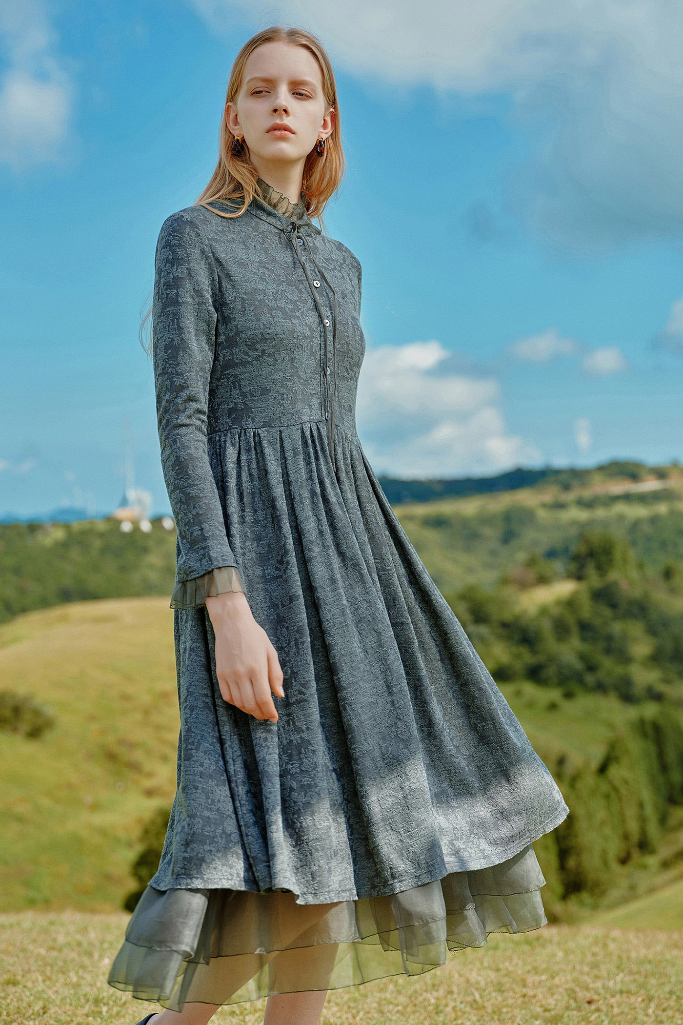 KAMILAN Women's Wool Midi Dress – 2025 Autumn New Patchwork A-Line Sweater Dress