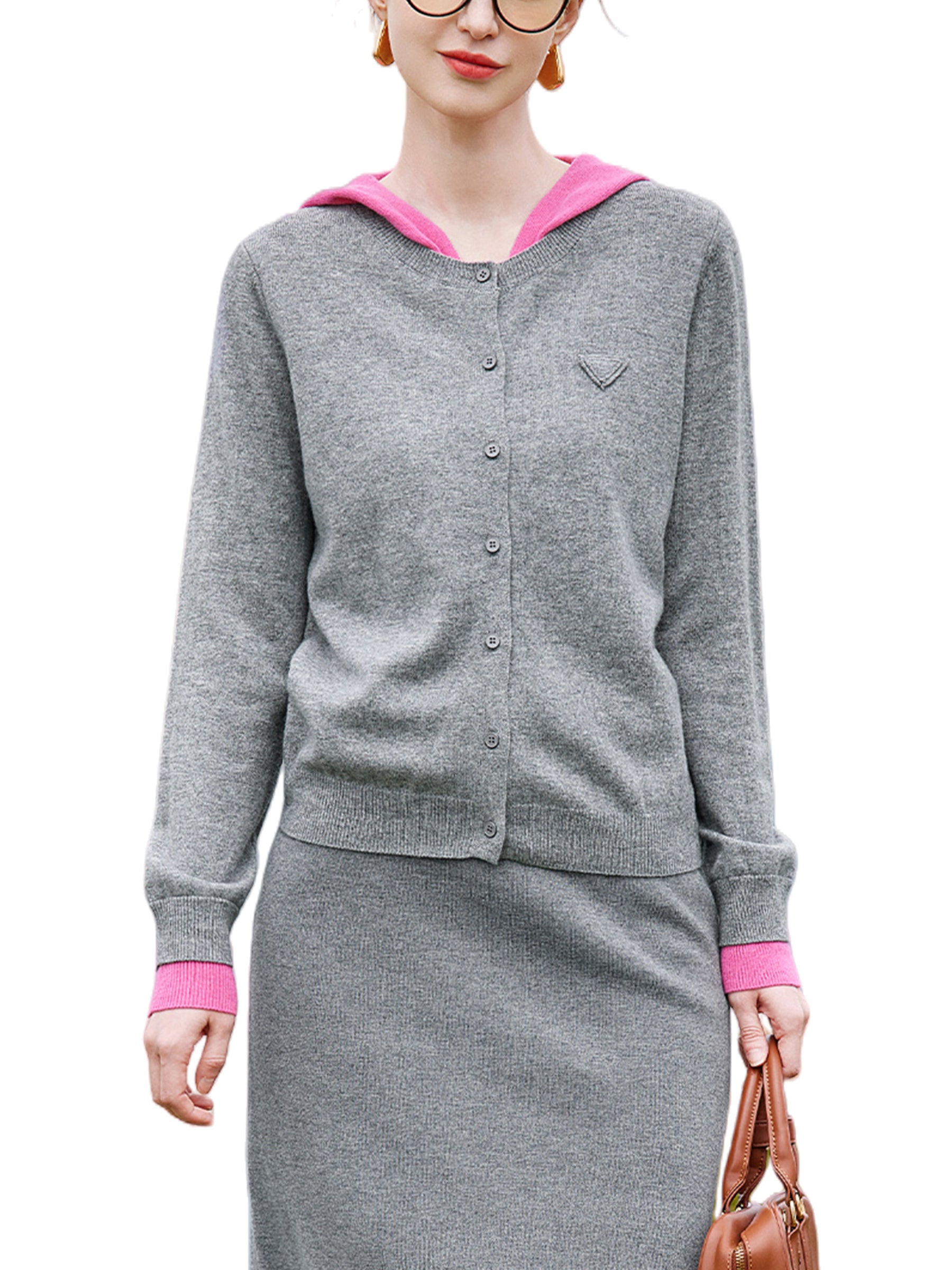 KAMILAN Women’s 2025 Fall 100% Merino Wool Colorblock Hooded Knit Cardigan Button-Front Soft Loose-Fit Sweater Jacket