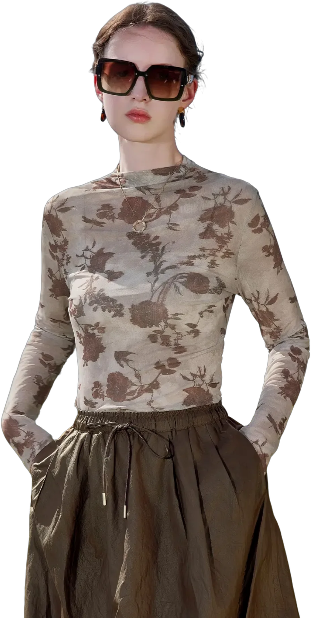 KAMILAN High-end printed long-sleeved top for women, new autumn 2025 style, stand collar, slimming, t-shirt, base layer.