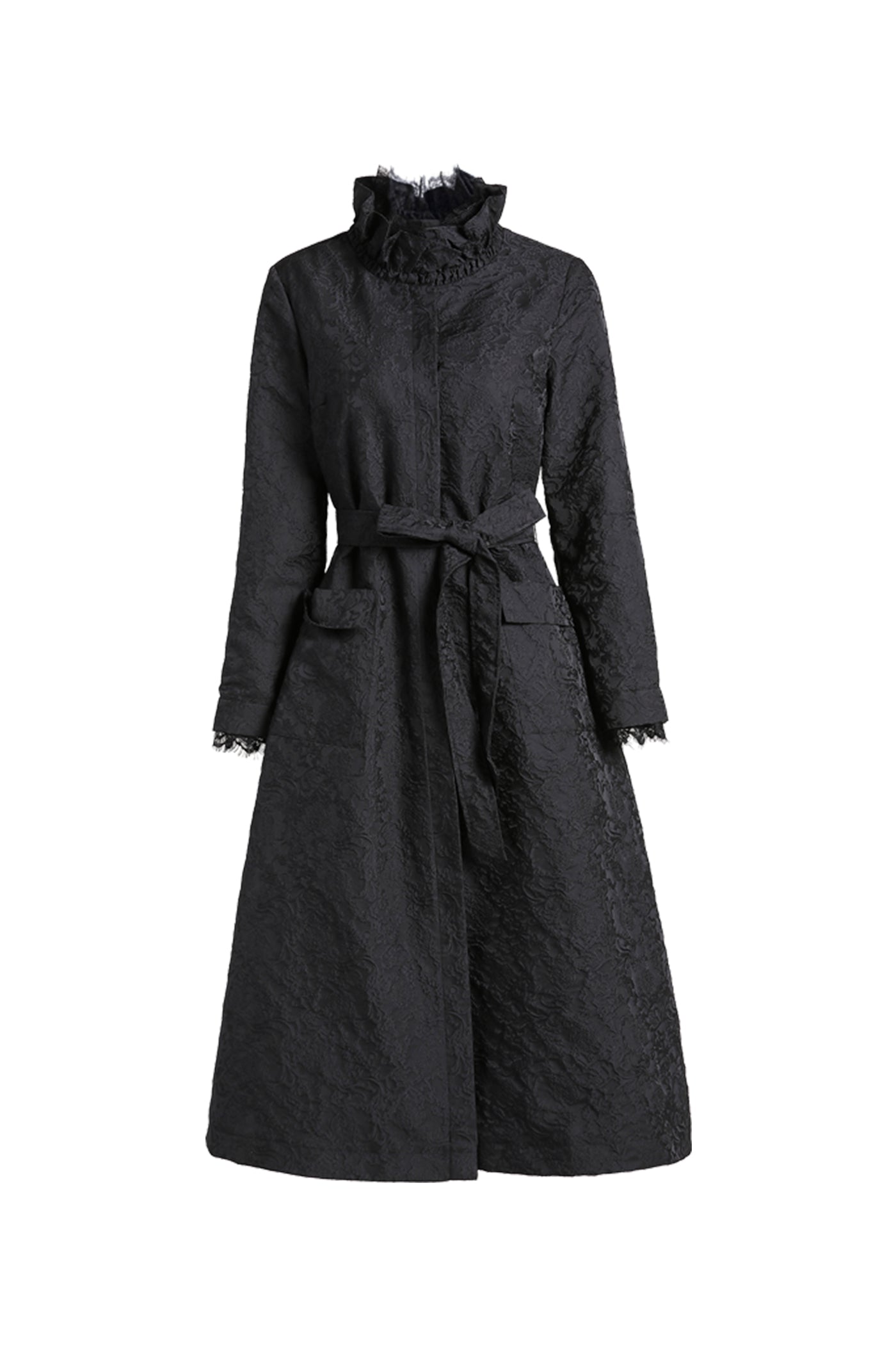 KAMILAN Mid-Length Jacquard Trench Coat with Belted Waist Detail