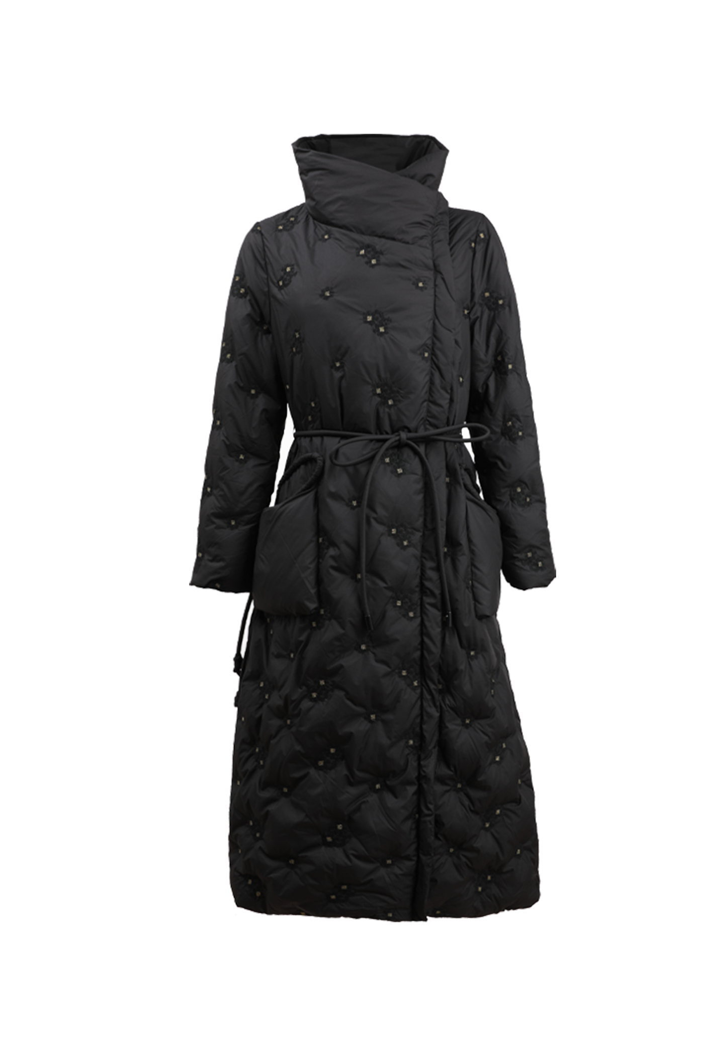 KAMILAN Belted Quilted Down Coat with Textured Embroidered Accents in Black