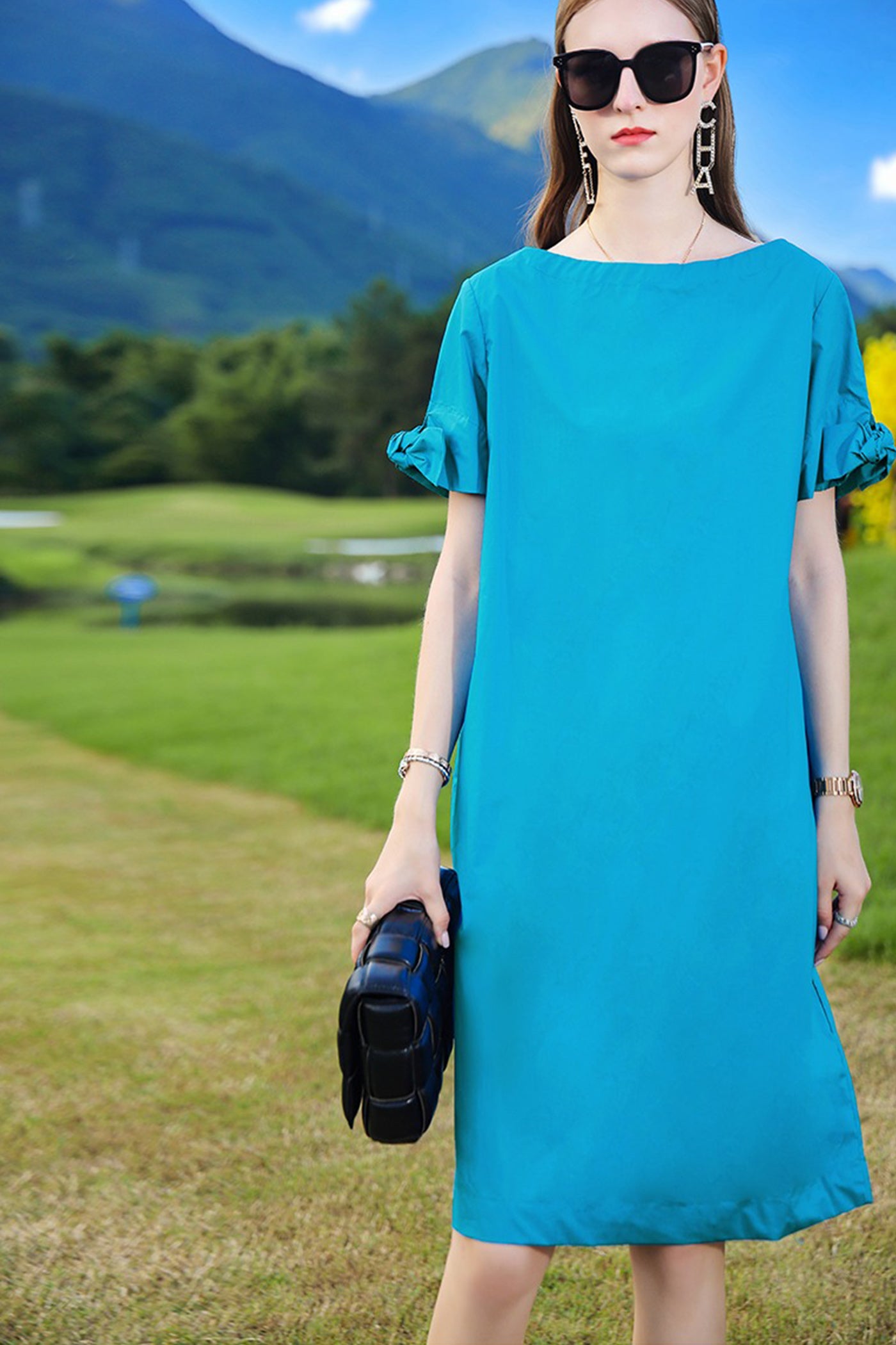 Kamilan Women's Dress Short Sleeve A-Line Midi Dress Summer 2025 Casual Loose Fit Pullover Blue Knee Length Dress