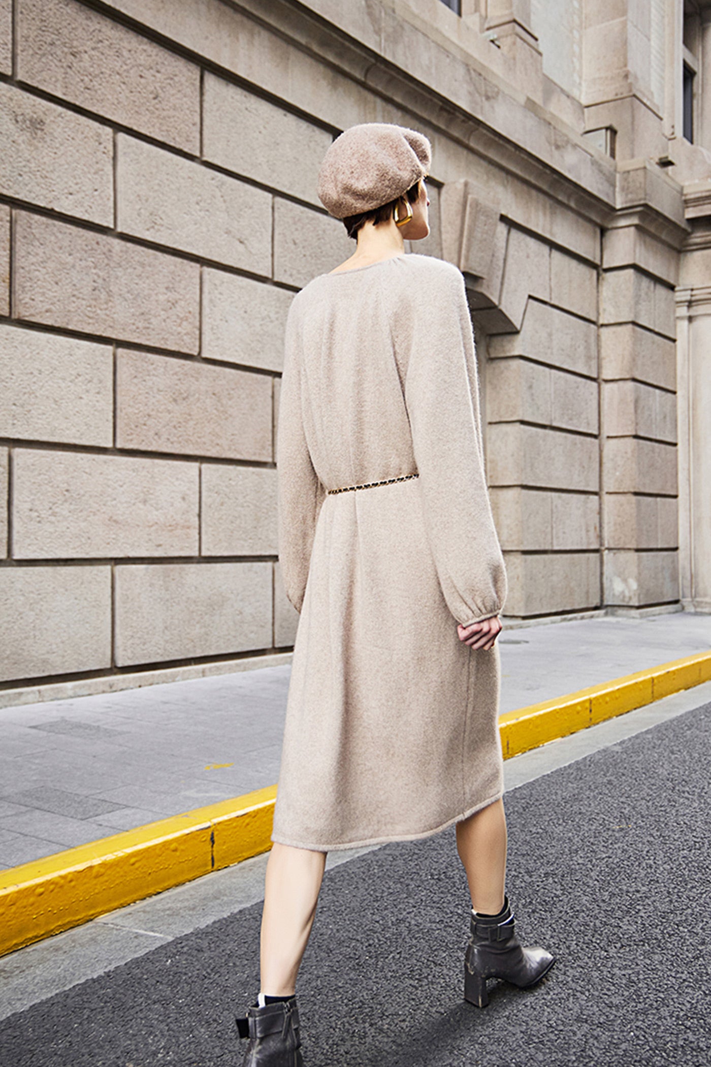 KAMILAN Women's French-Inspired Wool Knit Dress – 2025 Autumn/Winter Collection, Midi Sweater A-Line Dress