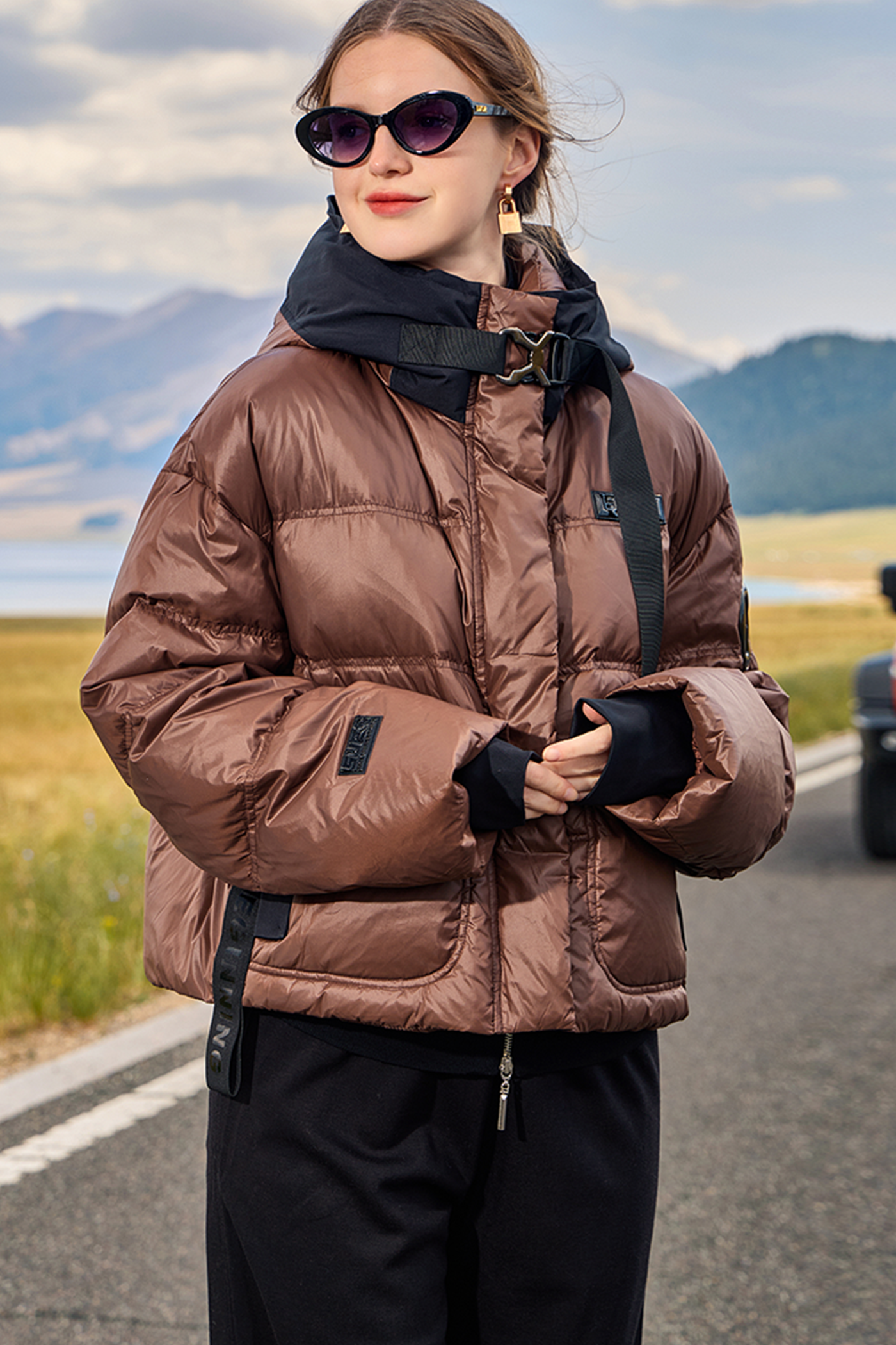 Kamilan Cropped Hooded Down Jacket in Urban Mocha