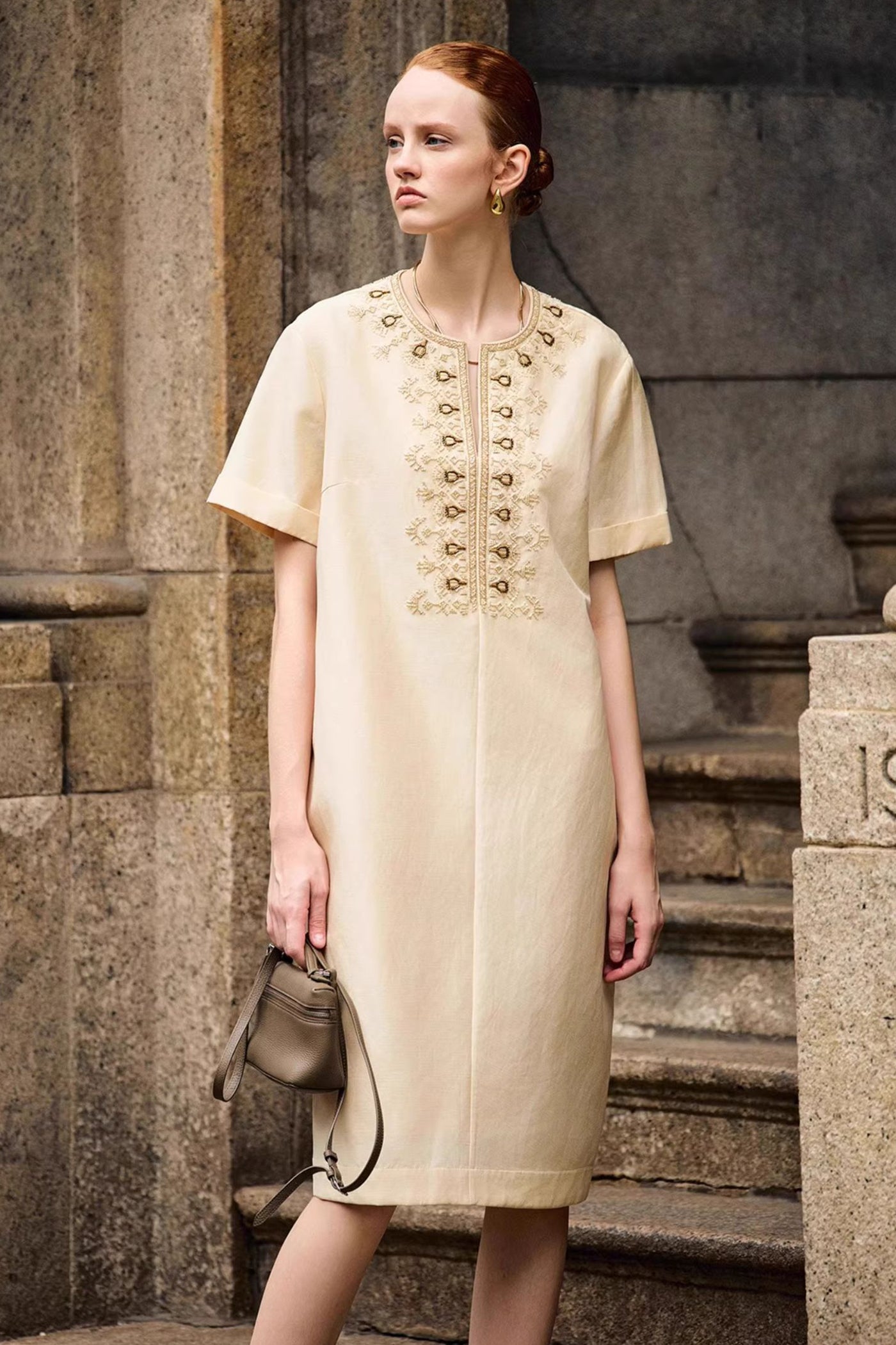 KAMILAN Embellished Linen Dress in Ivory