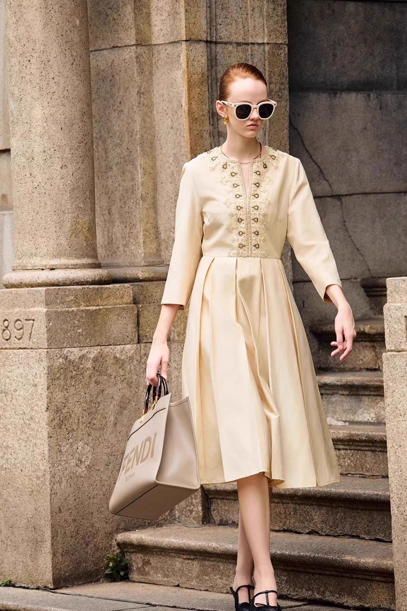 KAMILAN Embellished Linen Dress in Ivory