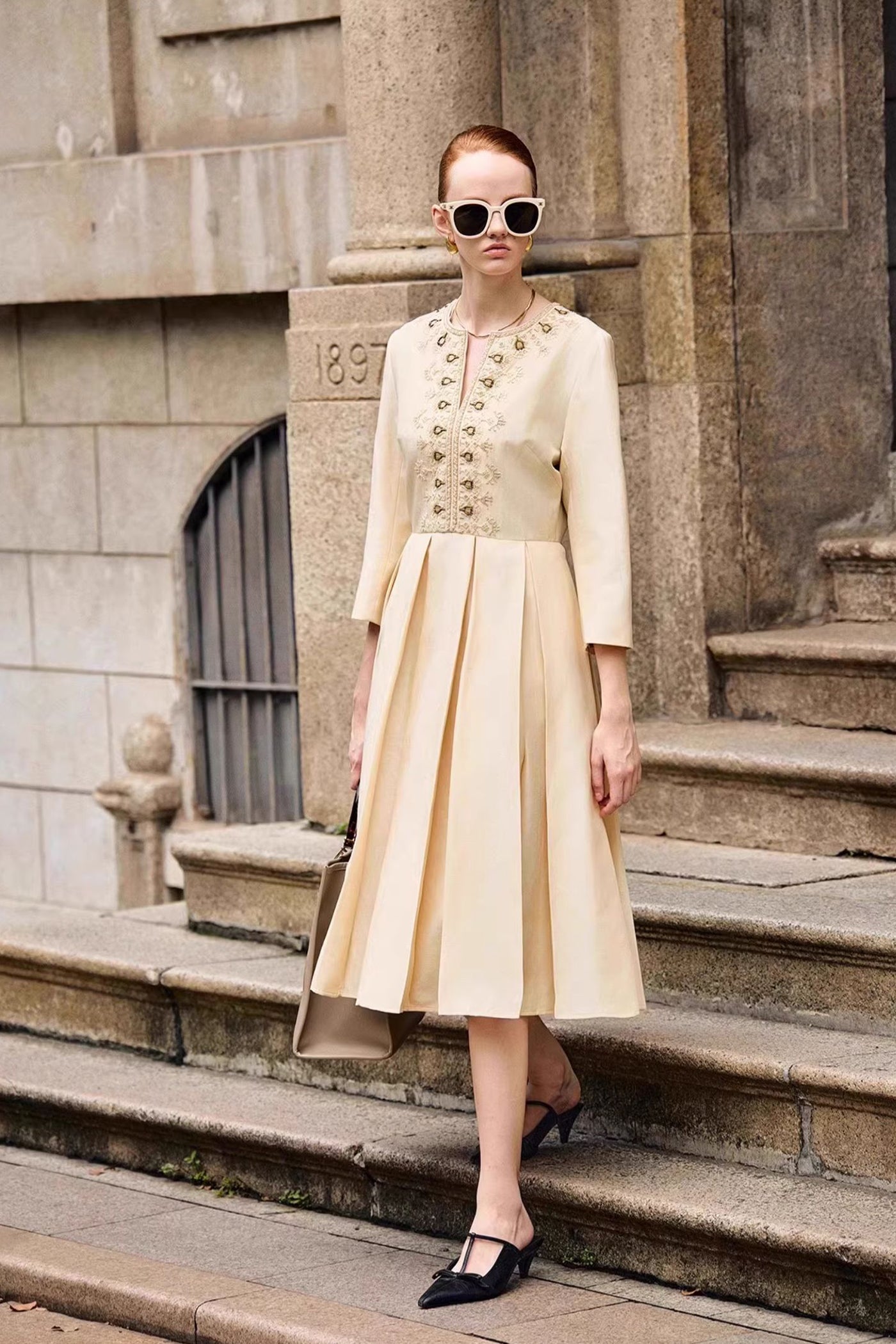 KAMILAN Embellished Linen Dress in Ivory