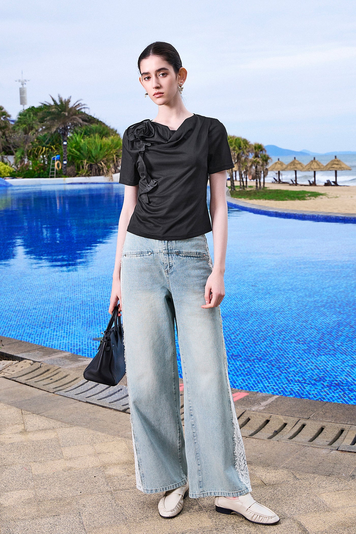 Kamilan Short-Sleeve Tee with Sculpted Rose Appliqué