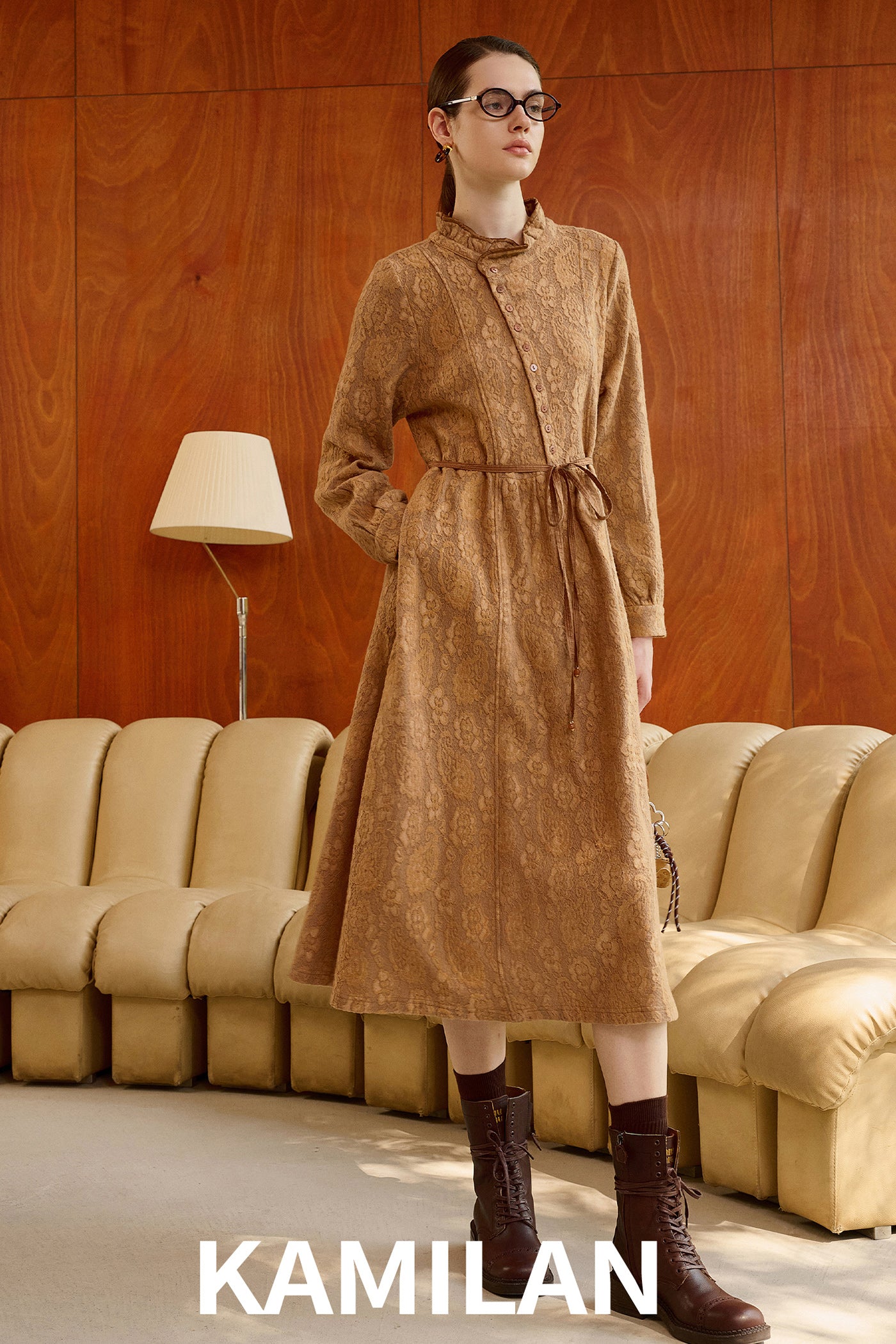 KAMILAN Jacquard Dress with Frilled Collar