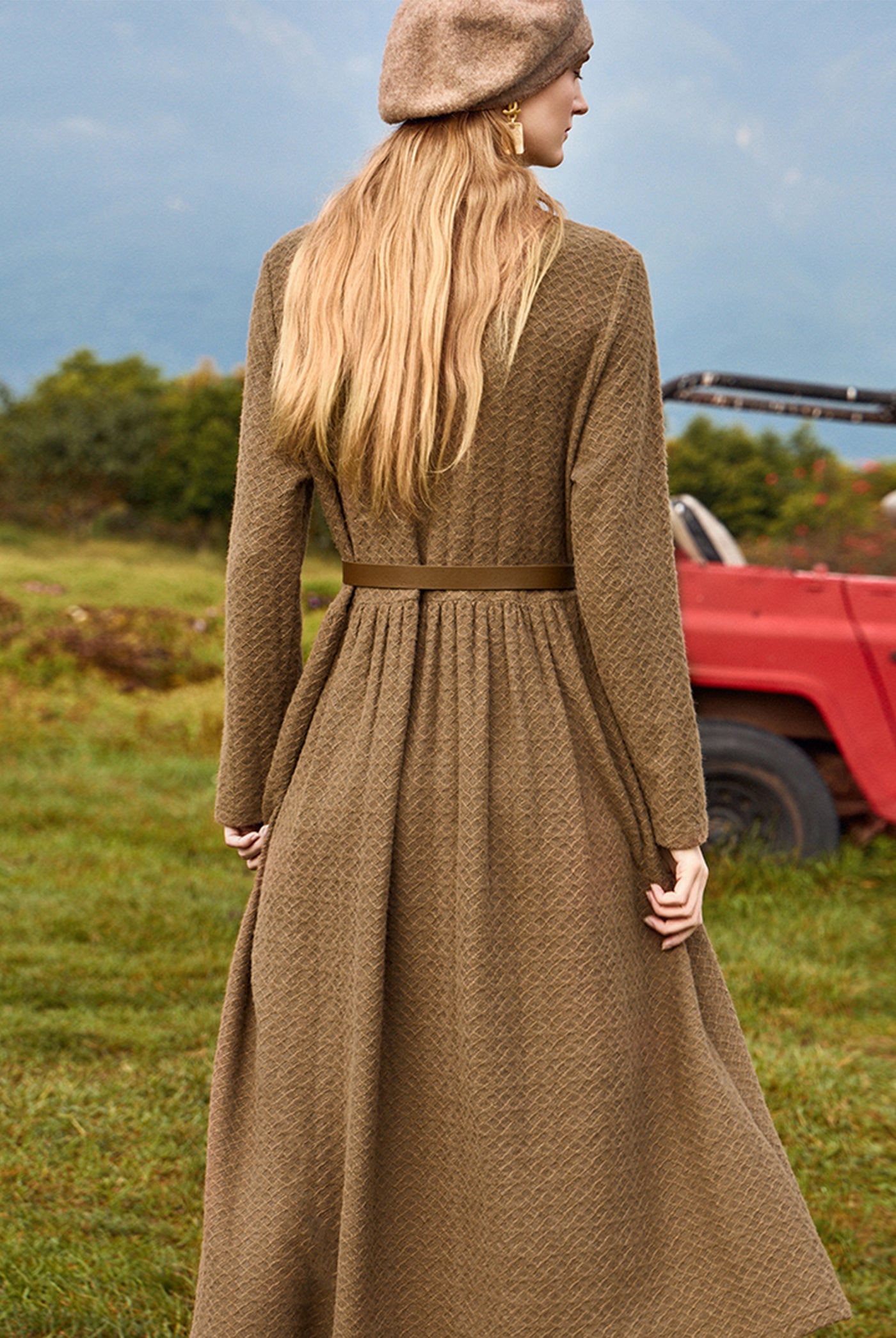 KAMILAN Geometric Textured Dress with Collar for Autumn-Winter