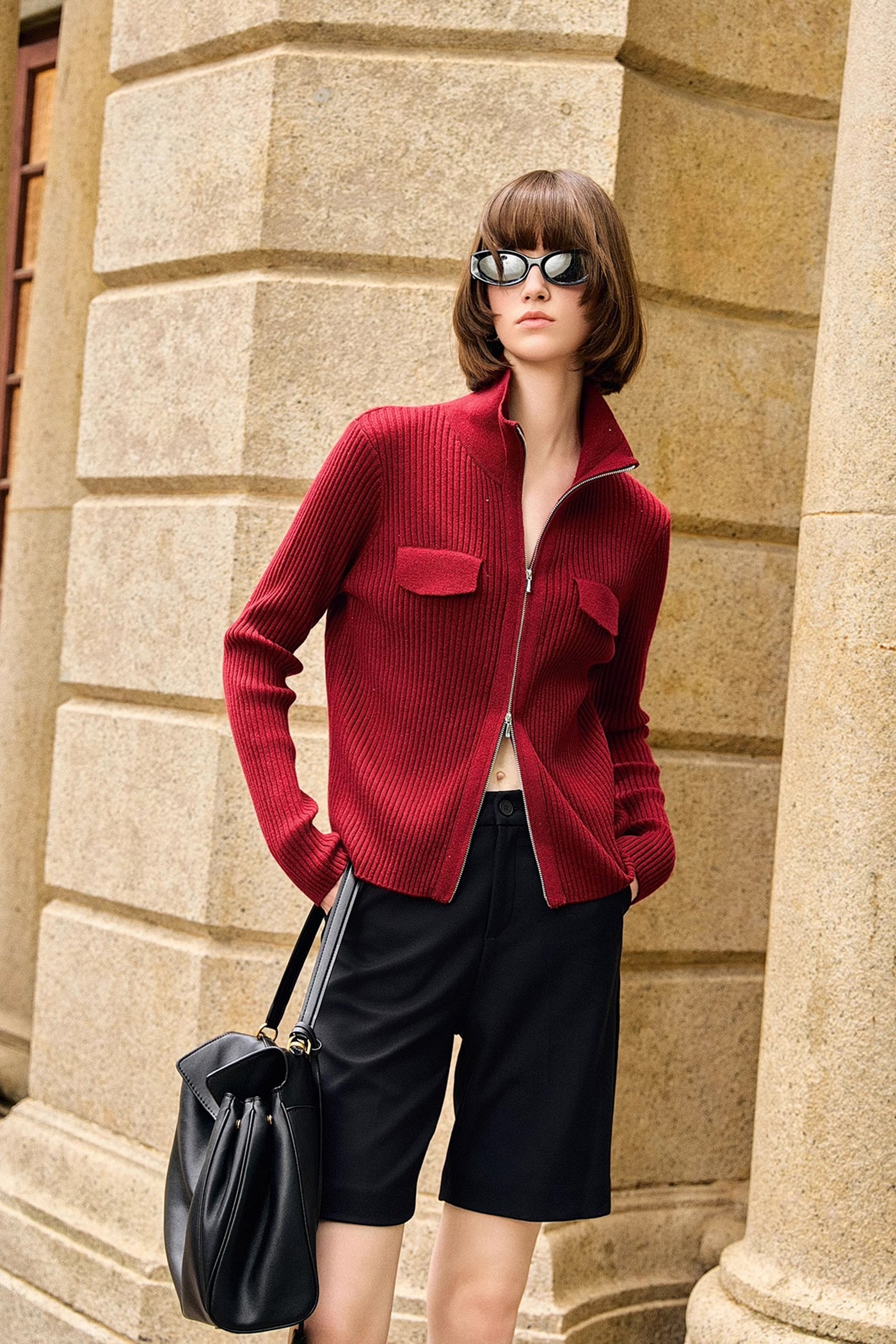KAMILAN Zip-Front Ribbed Knit Cardigan with Stand Collar