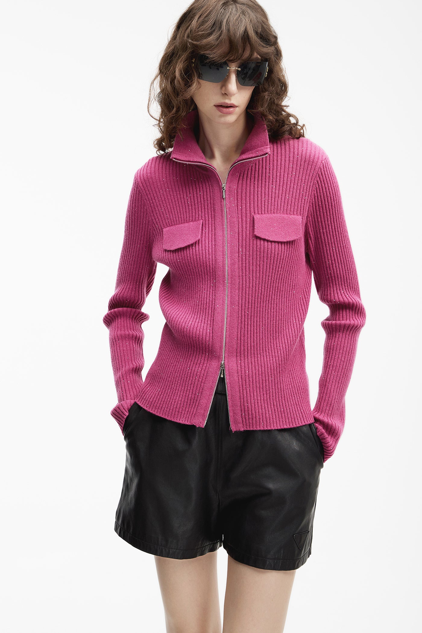 KAMILAN Zip-Front Ribbed Knit Cardigan with Stand Collar