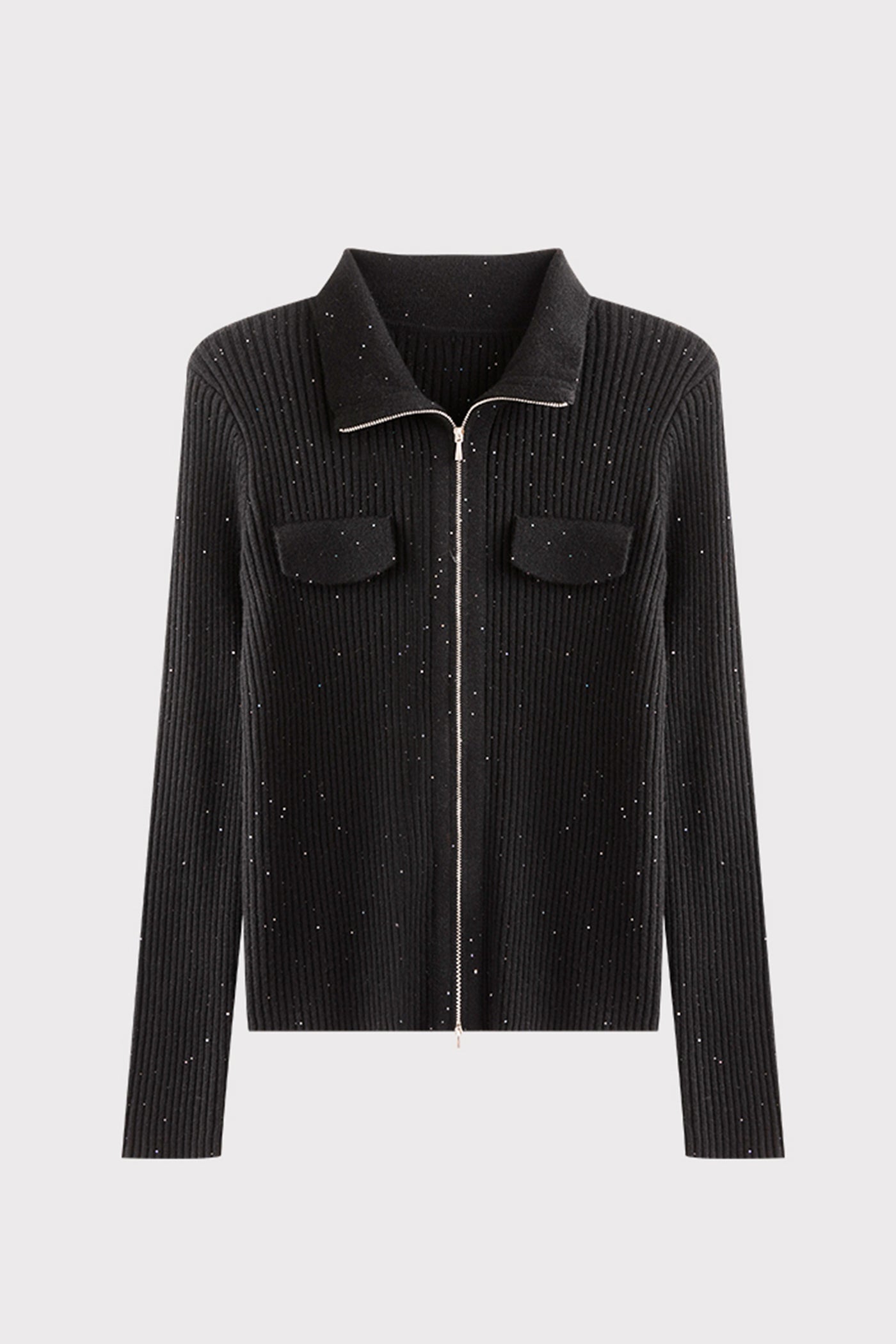 KAMILAN Zip-Front Ribbed Knit Cardigan with Stand Collar