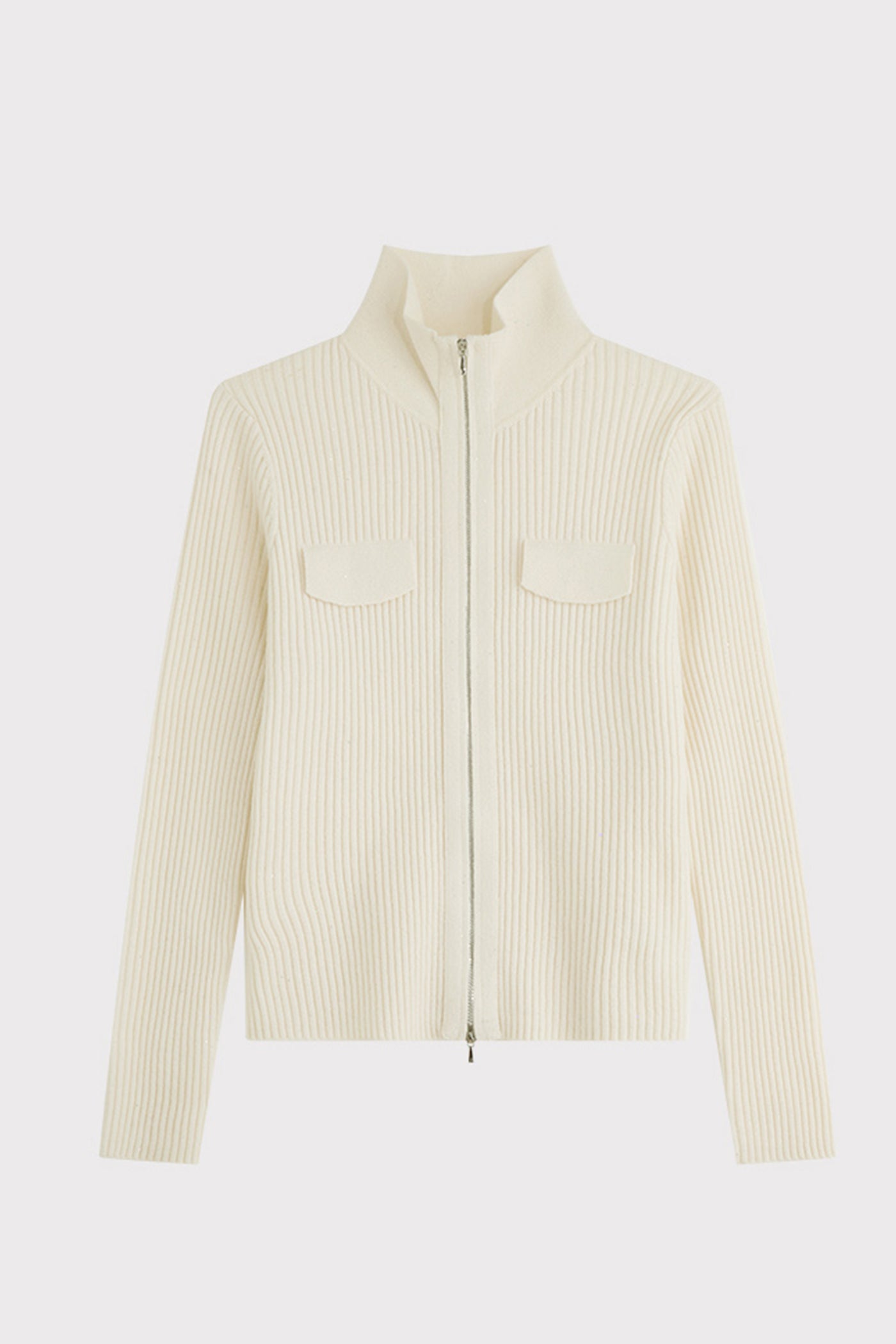 KAMILAN Zip-Front Ribbed Knit Cardigan with Stand Collar