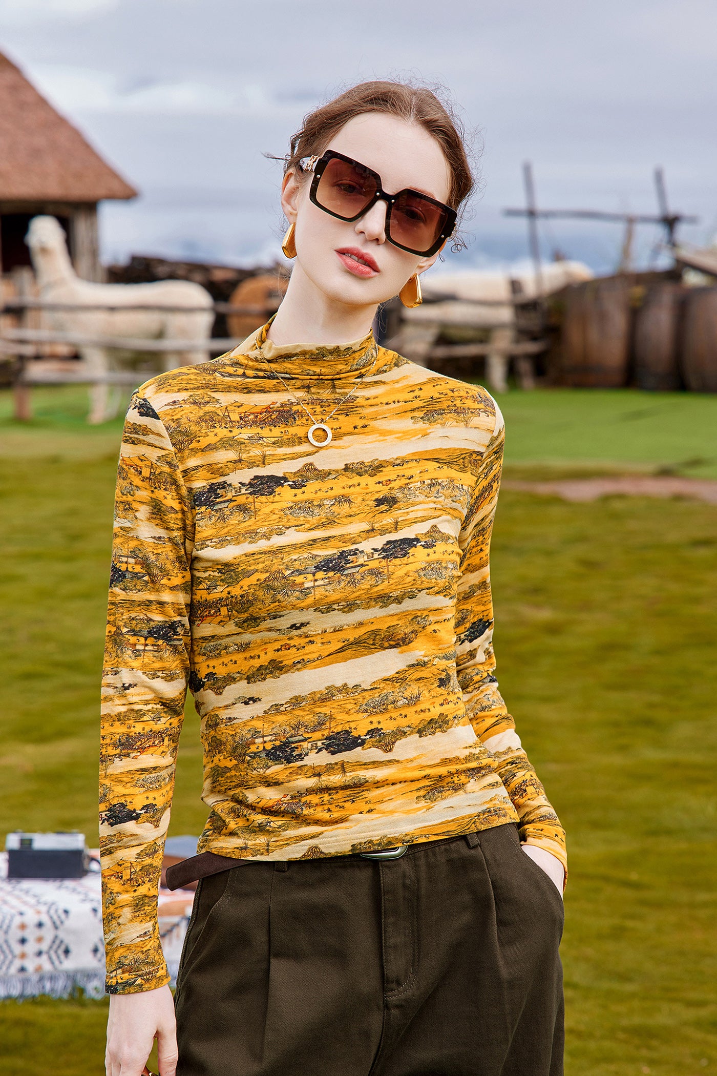 KAMILAN Printed Long Sleeve Tee with Draped Collar