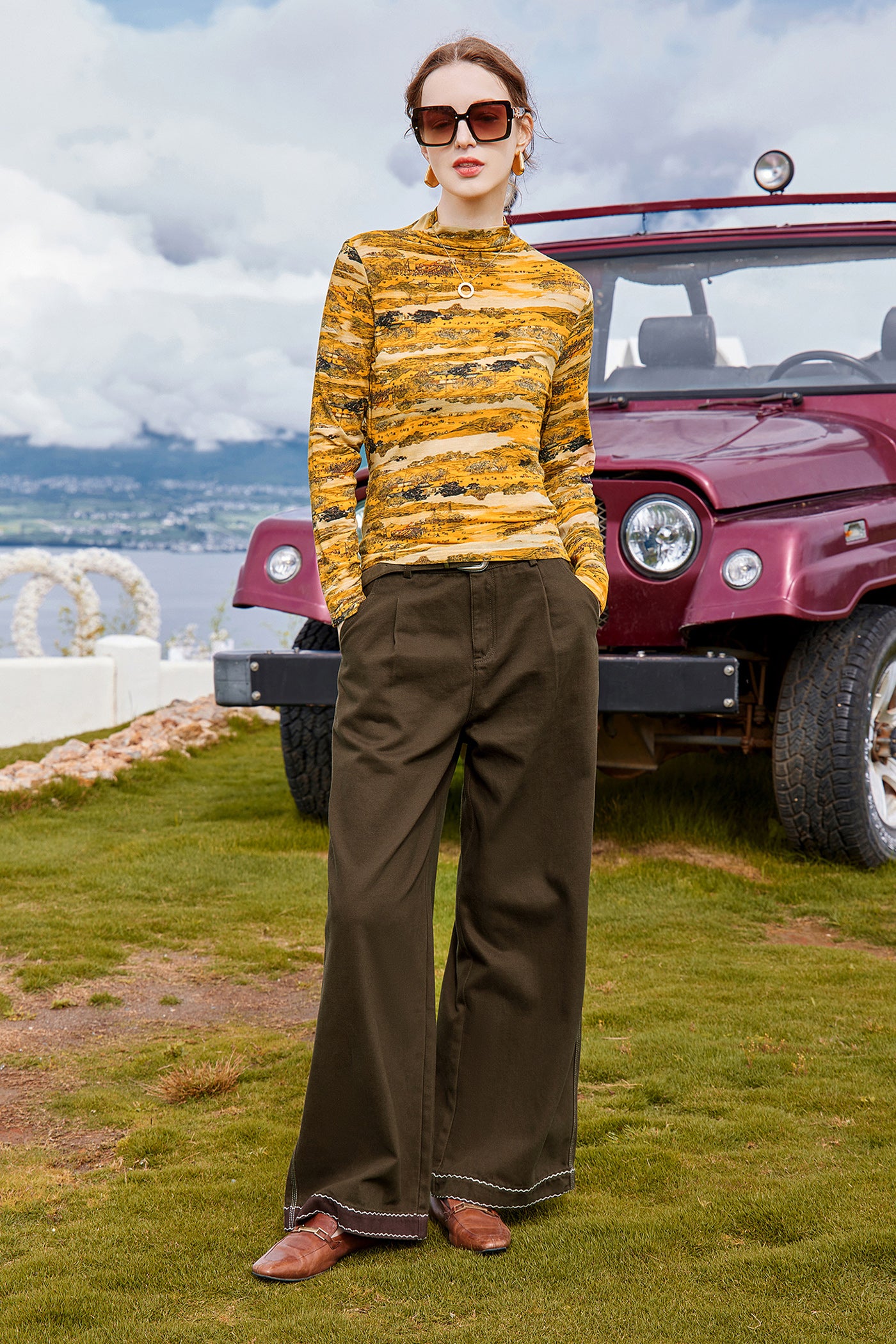 KAMILAN Printed Long Sleeve Tee with Draped Collar
