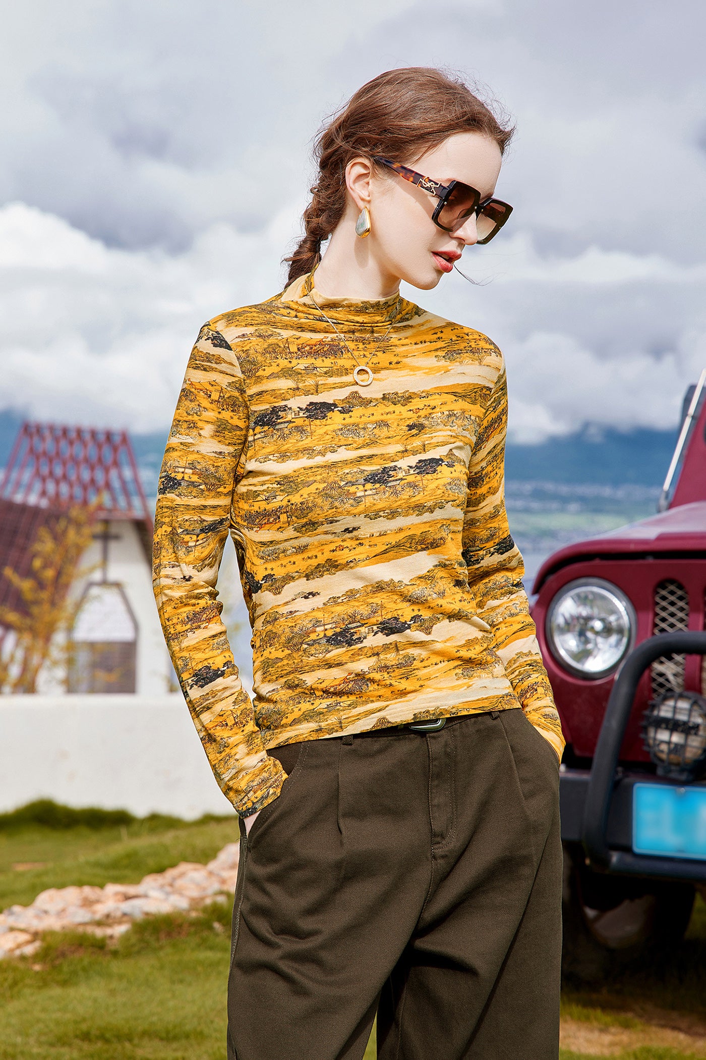 KAMILAN Printed Long Sleeve Tee with Draped Collar