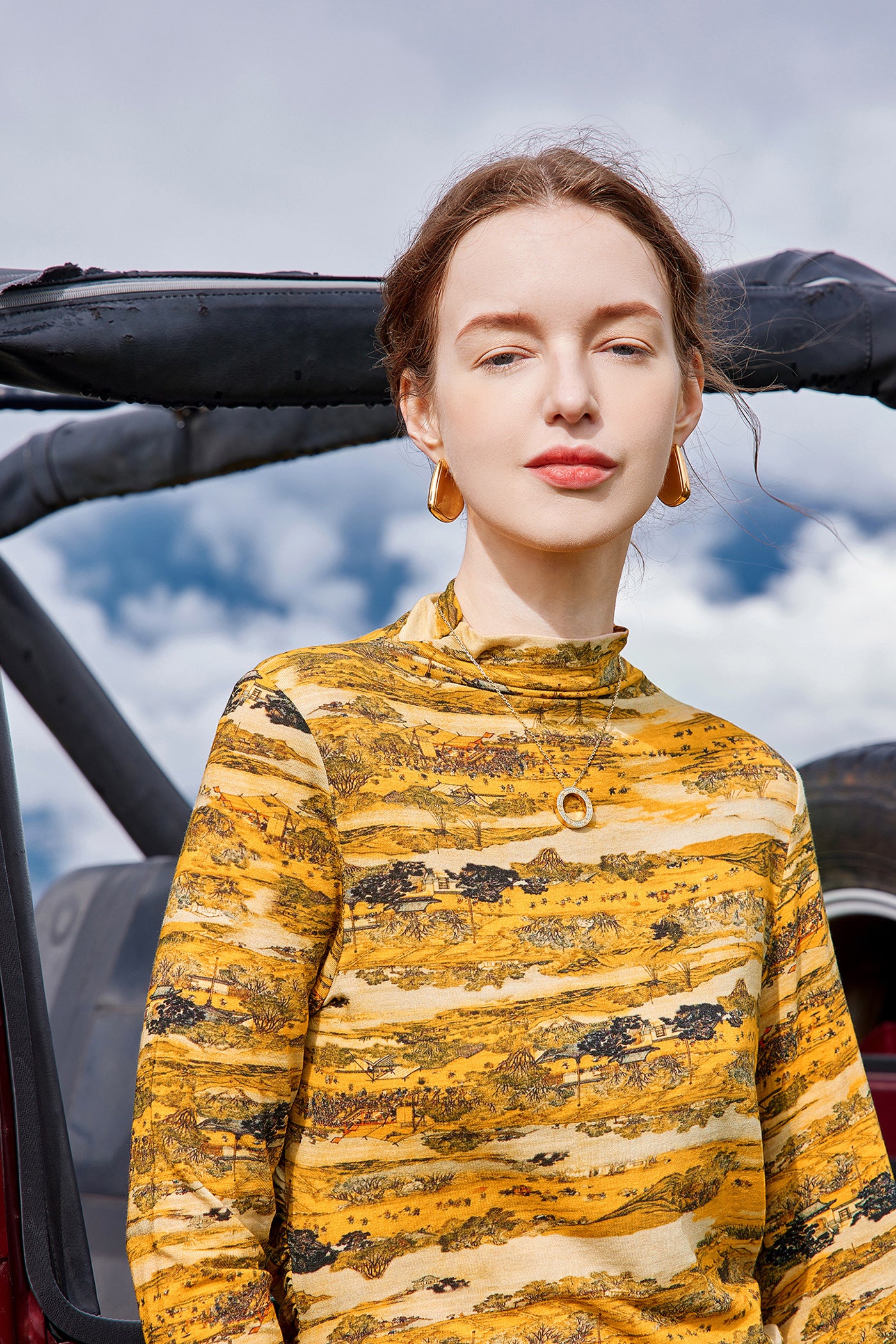 KAMILAN Printed Long Sleeve Tee with Draped Collar