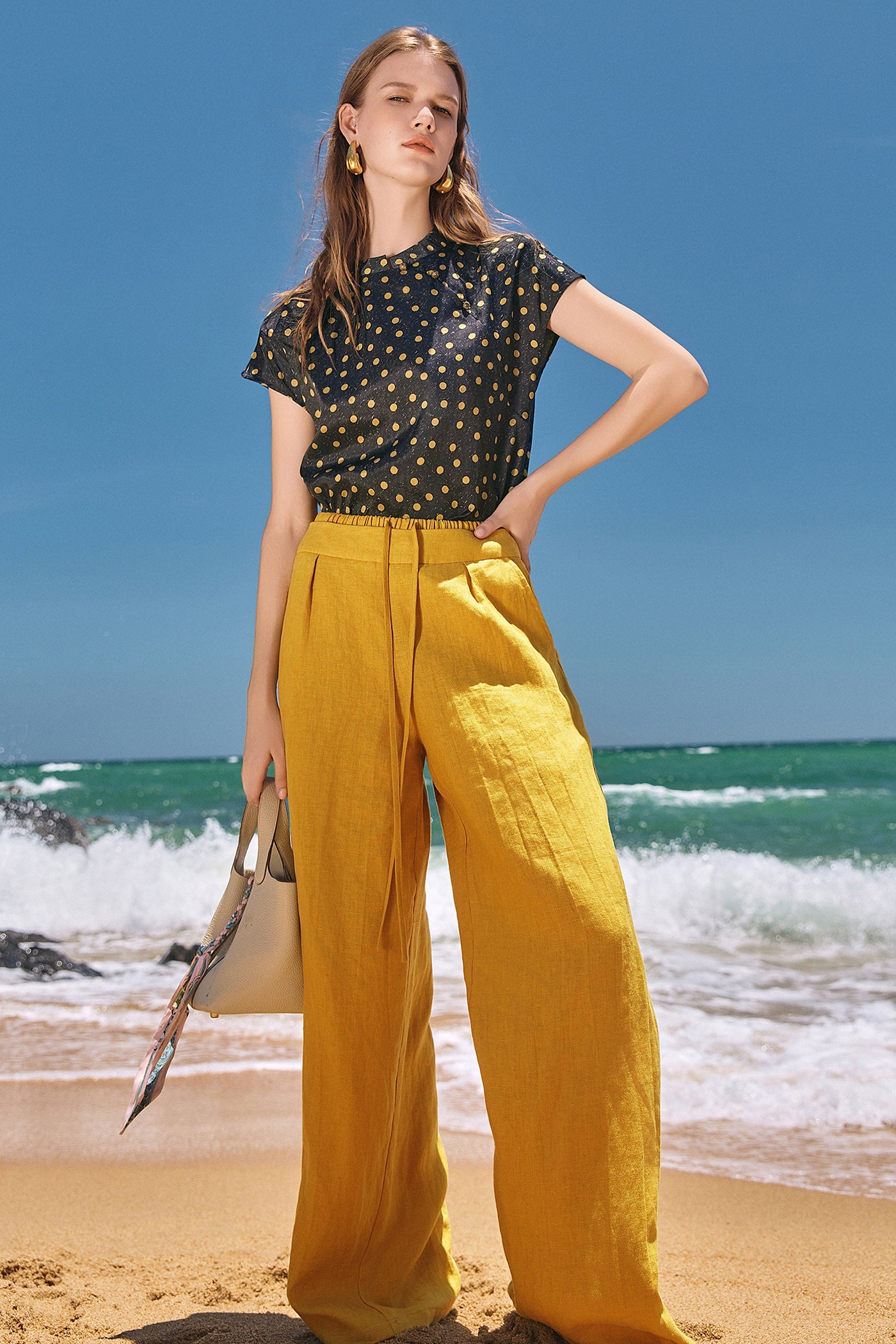 KAMILAN Linen Wide-Leg Pants with Drawstring Detail