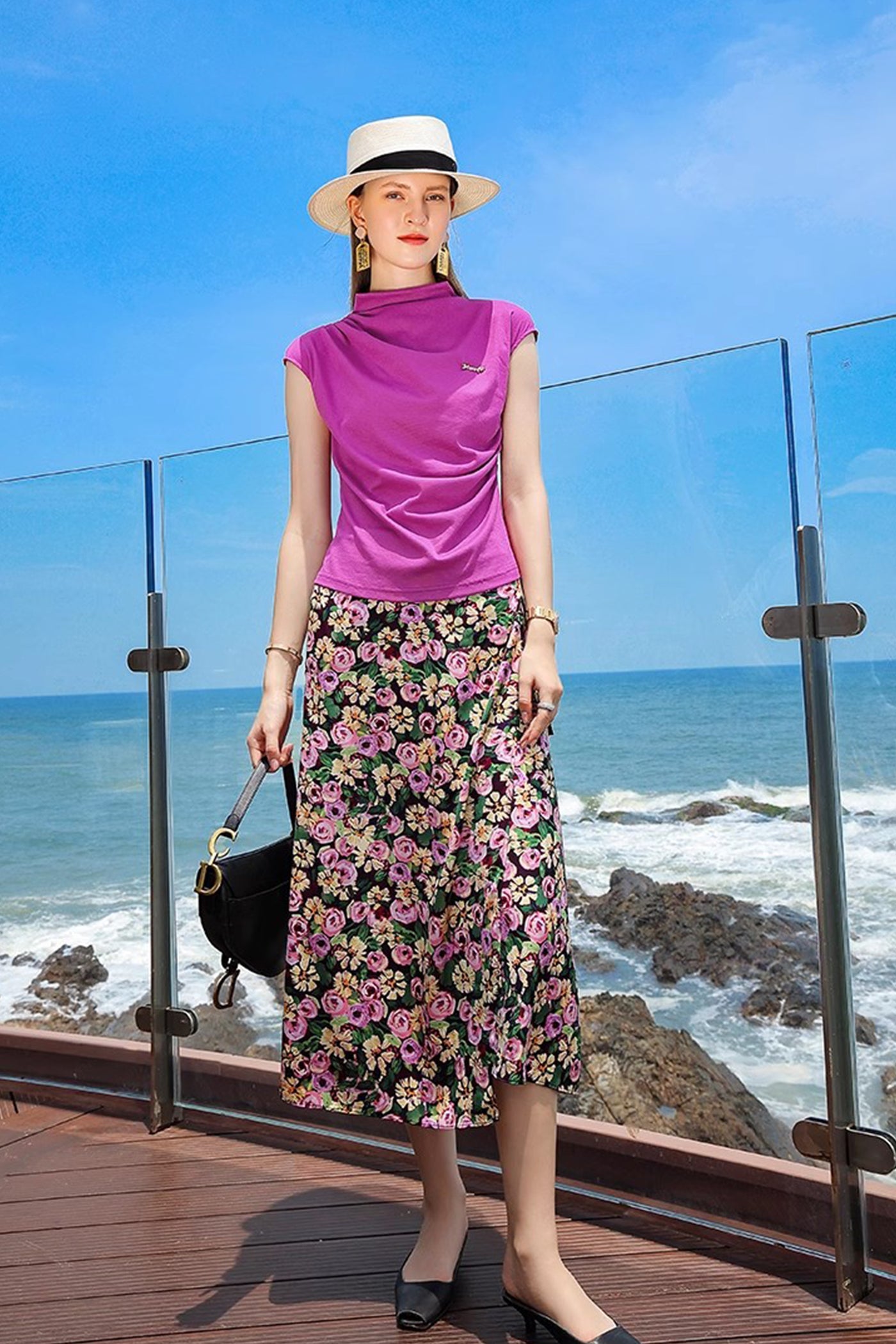KAMILAN Sleeveless High-Neck Draped T-Shirt