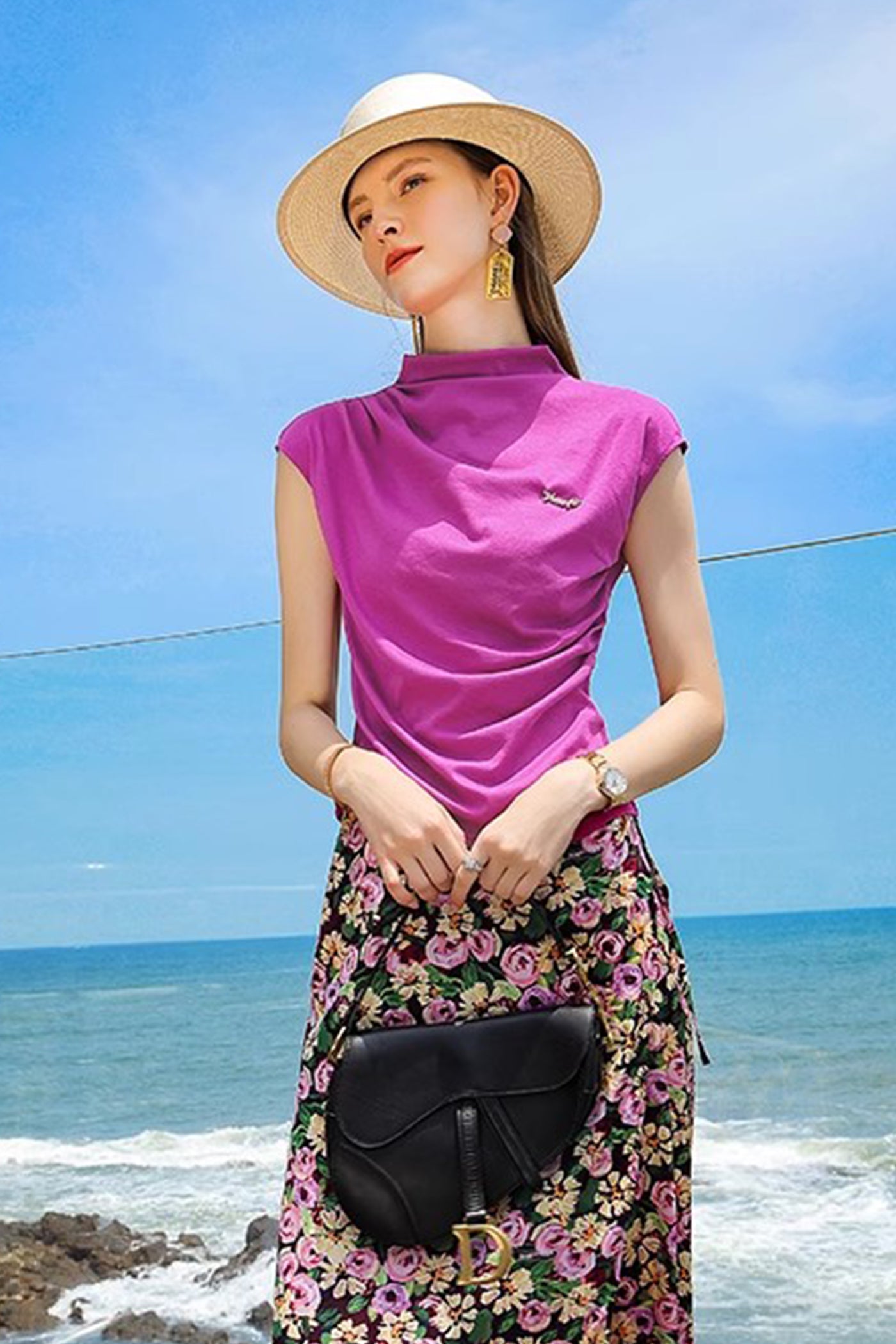 KAMILAN Sleeveless High-Neck Draped T-Shirt