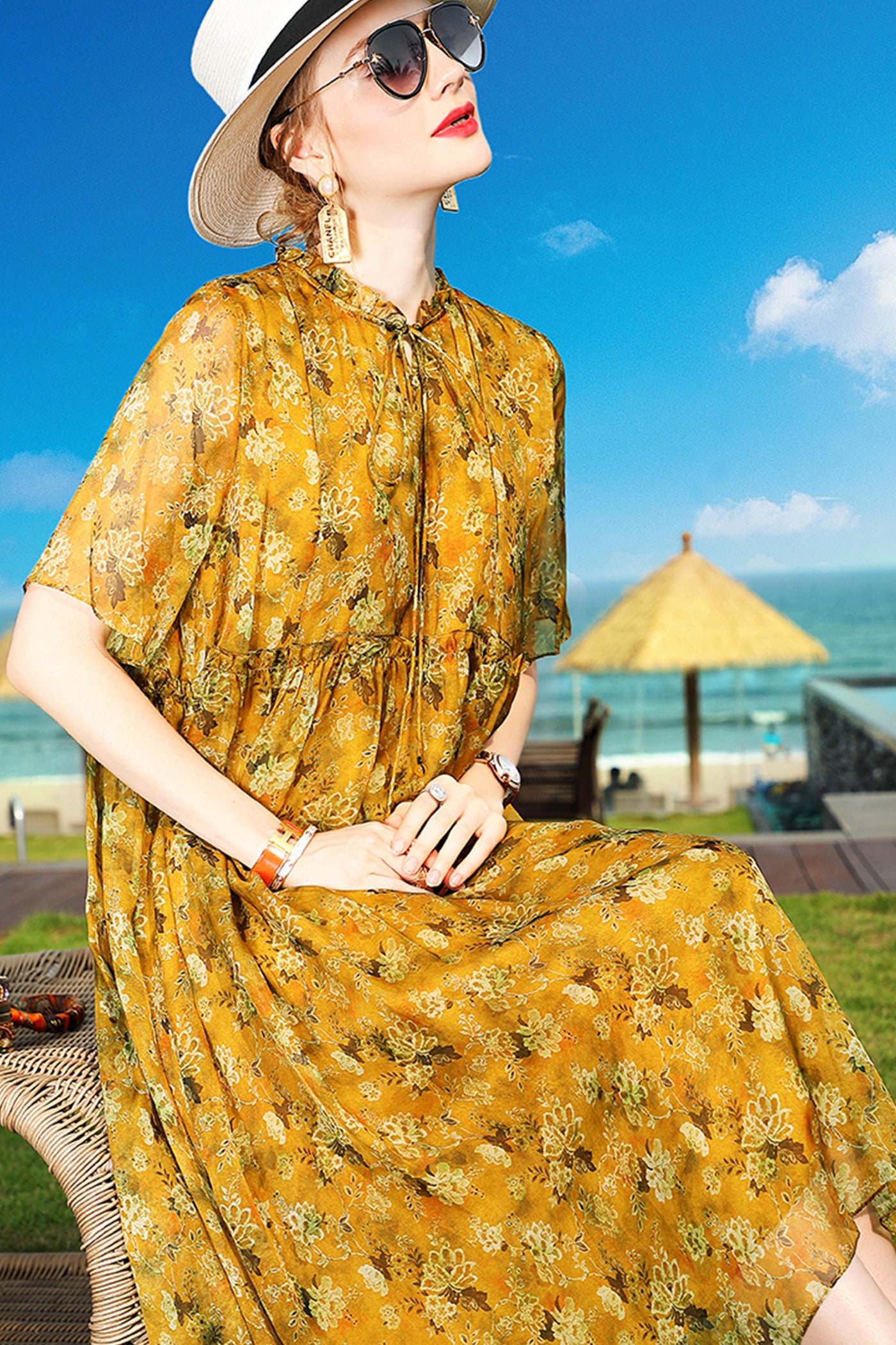 KAMILAN Floral Silk Midi Dress in Golden Blossom Print