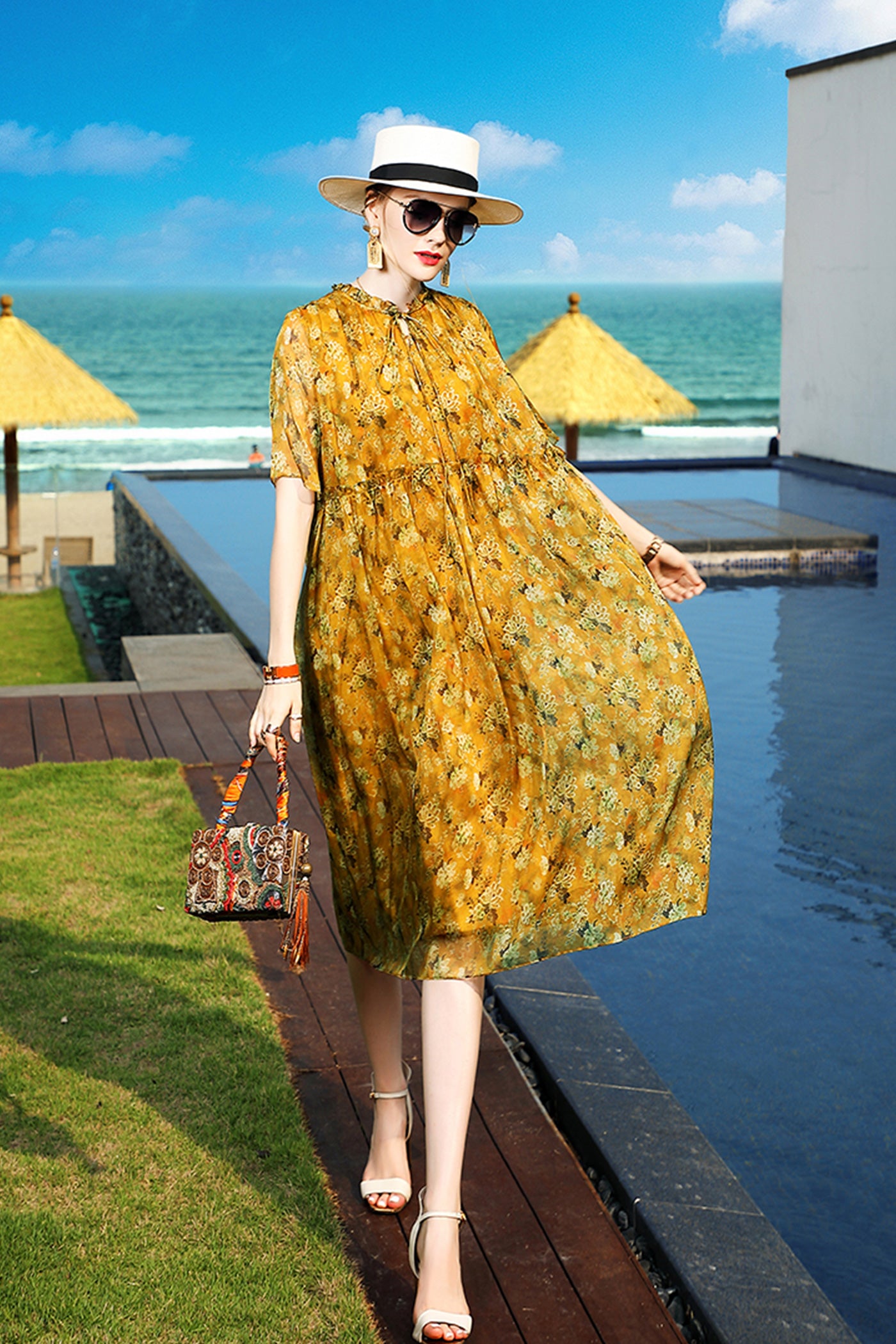 KAMILAN Floral Silk Midi Dress in Golden Blossom Print