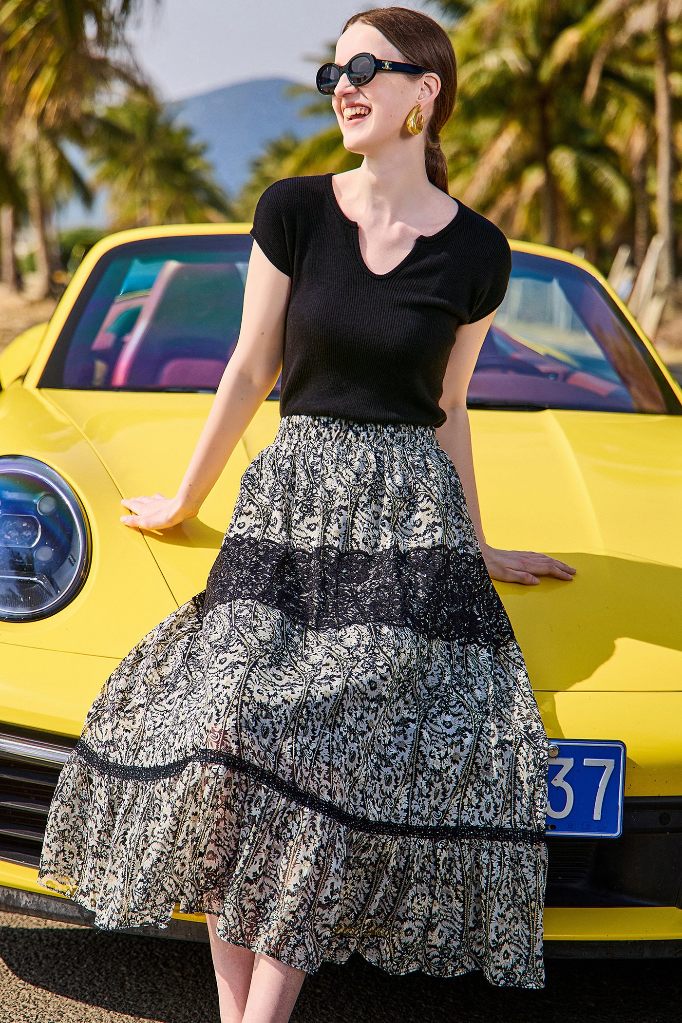 KAMILAN Black & Ivory Lace-Panel Printed Midi Skirt